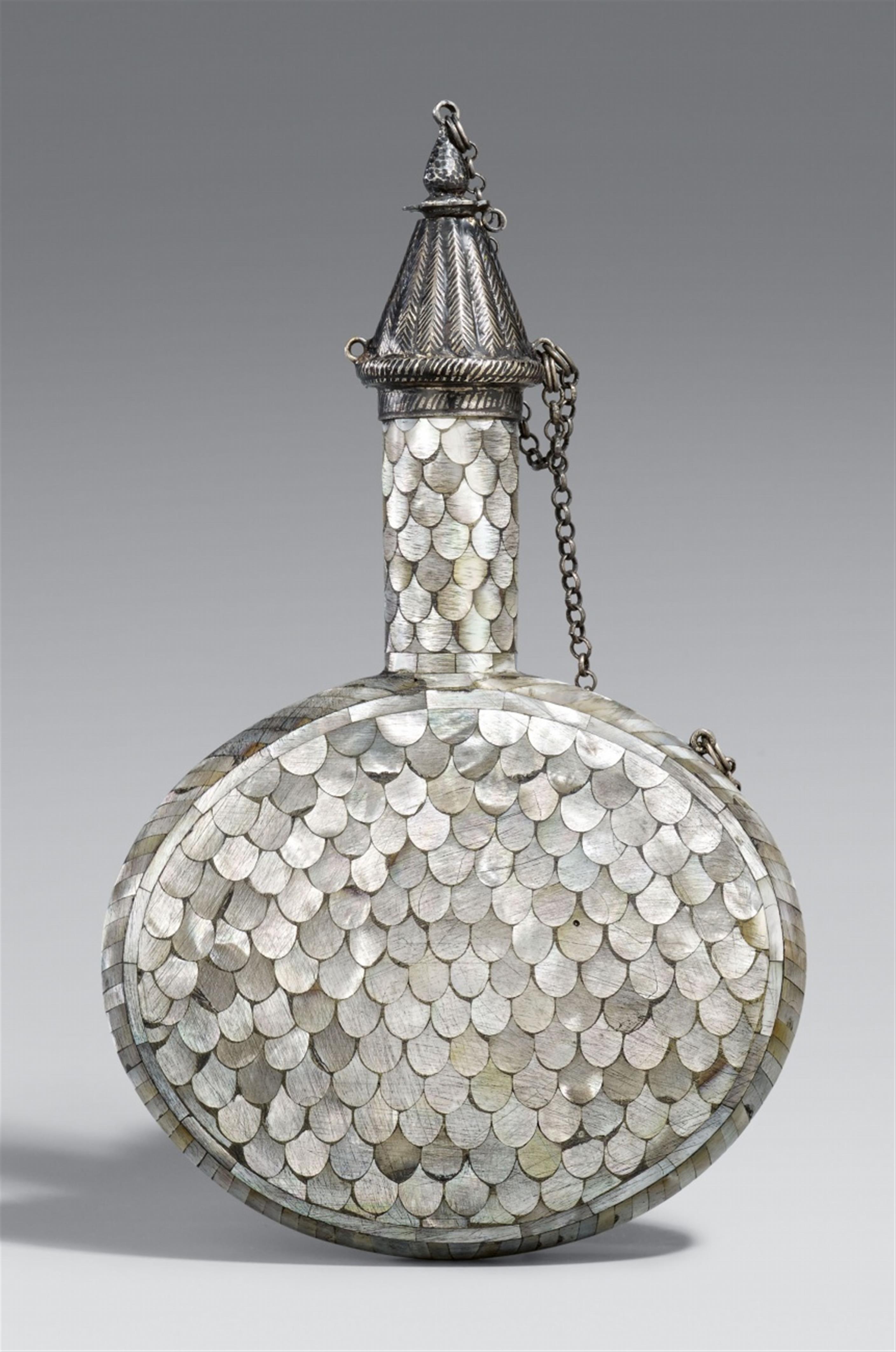 A mother-of-pearl and silver powder flask. Western India, possibly Gujarat - image-1