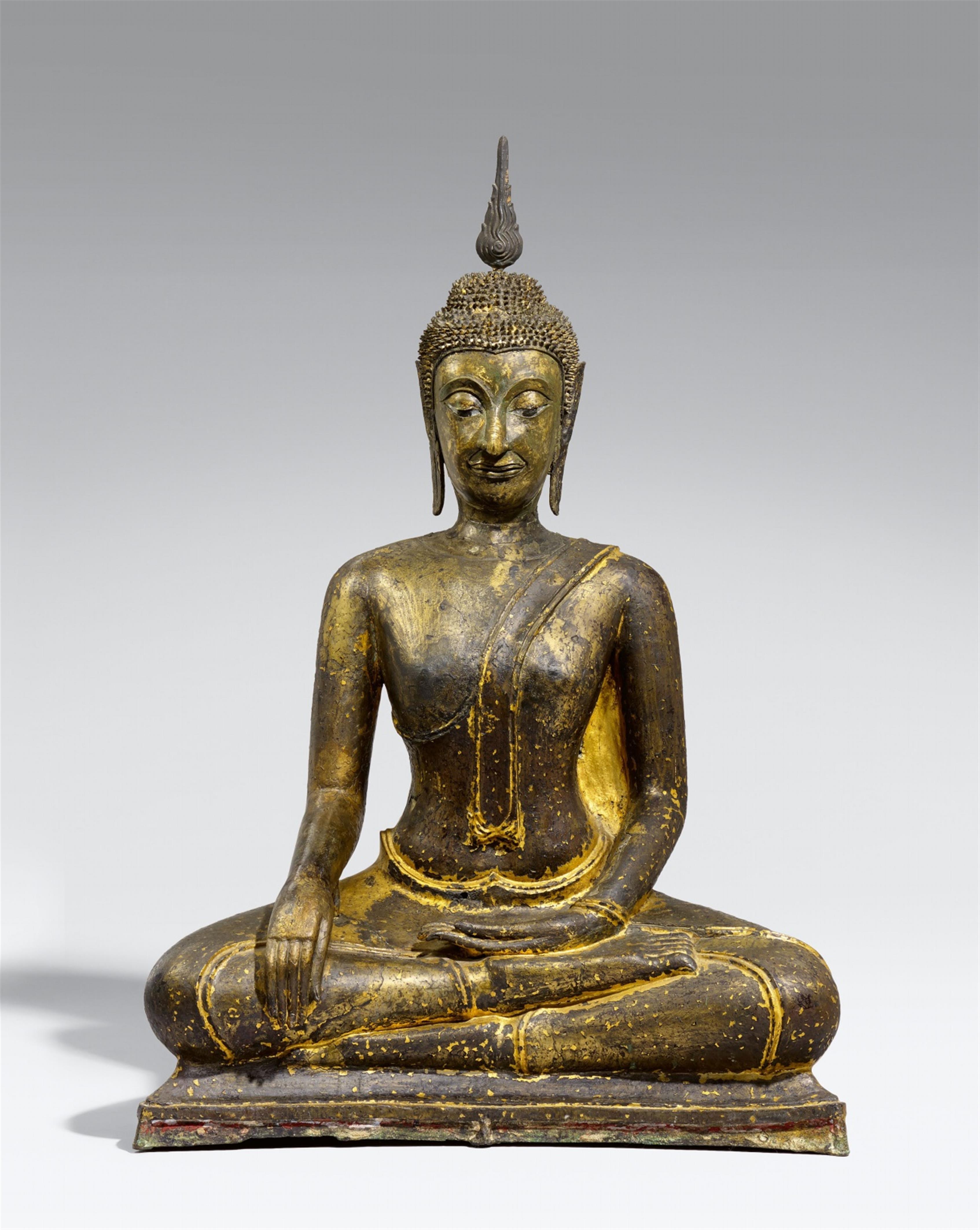 A very large Sukhothai bronze figure of Buddha in maravijaya.14th/15th century - image-1