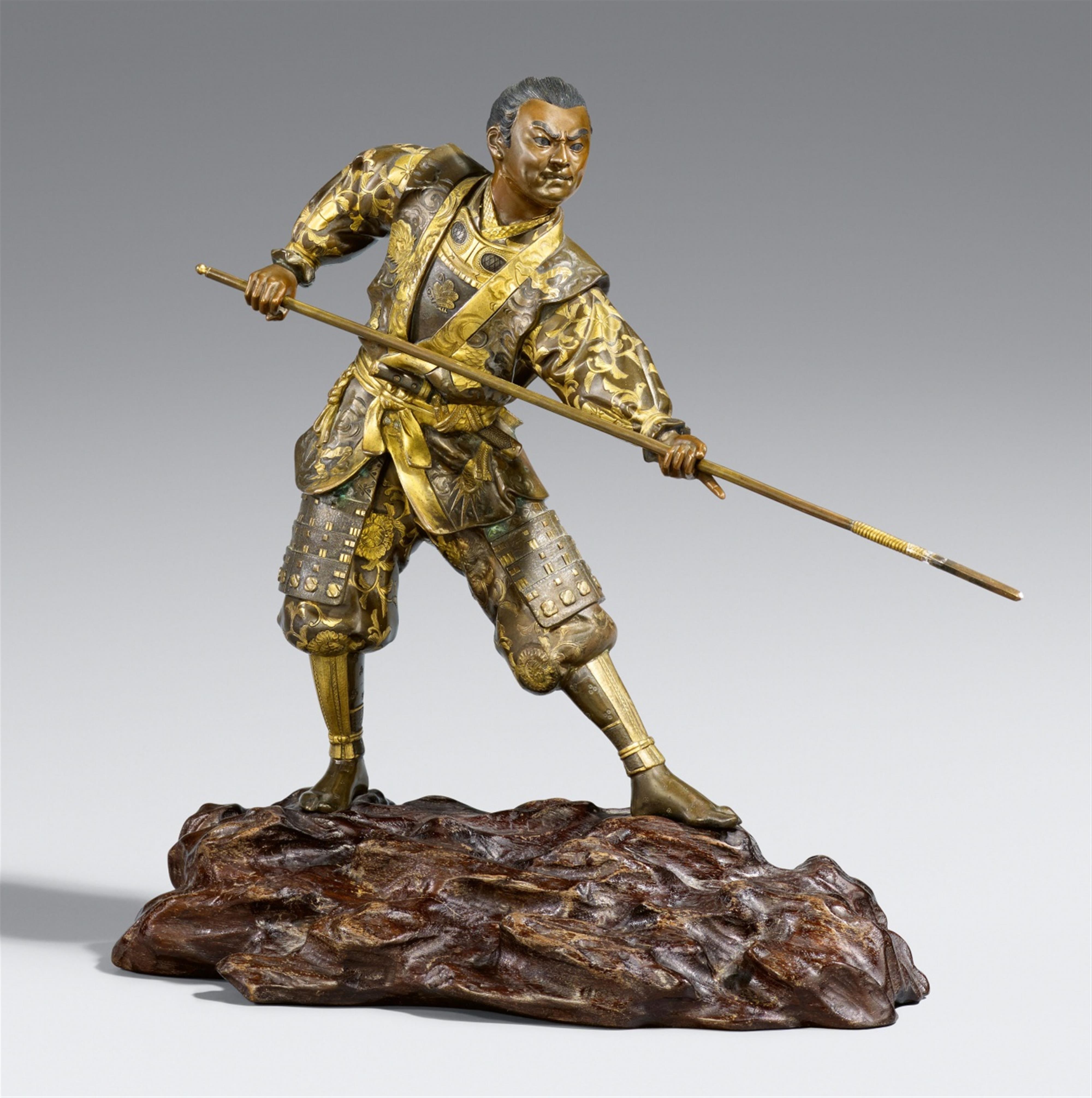 A partly gilt bronze Miyao-style bronze figure of a samurai. Late 19th century - image-1