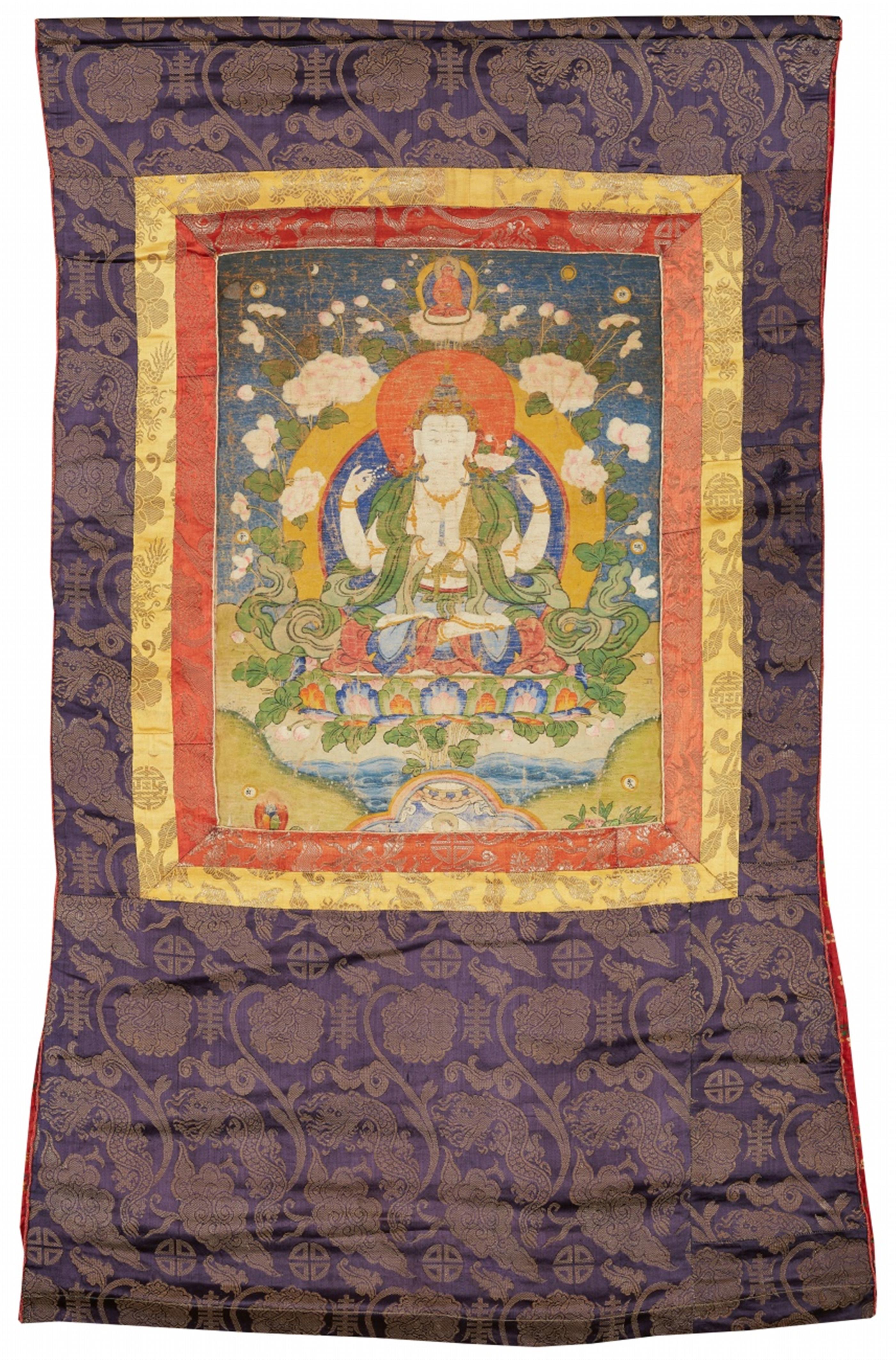 A Tibetan thangka of Shadakshari Avalokiteshvara. 19th/early 20th century - image-1