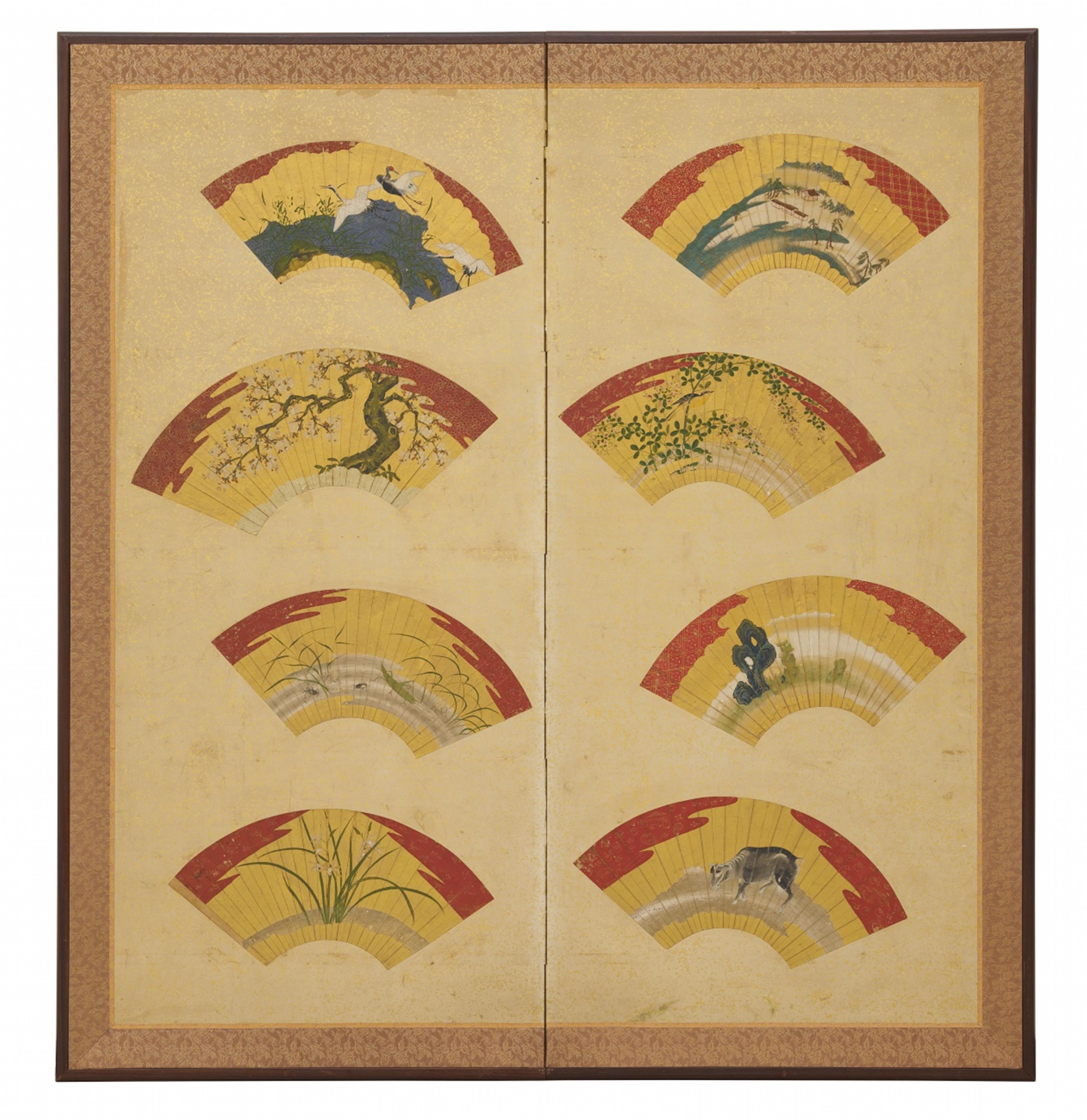 A two-panel screen with a total of eight pasted-on fans. 18th/19th century - image-1