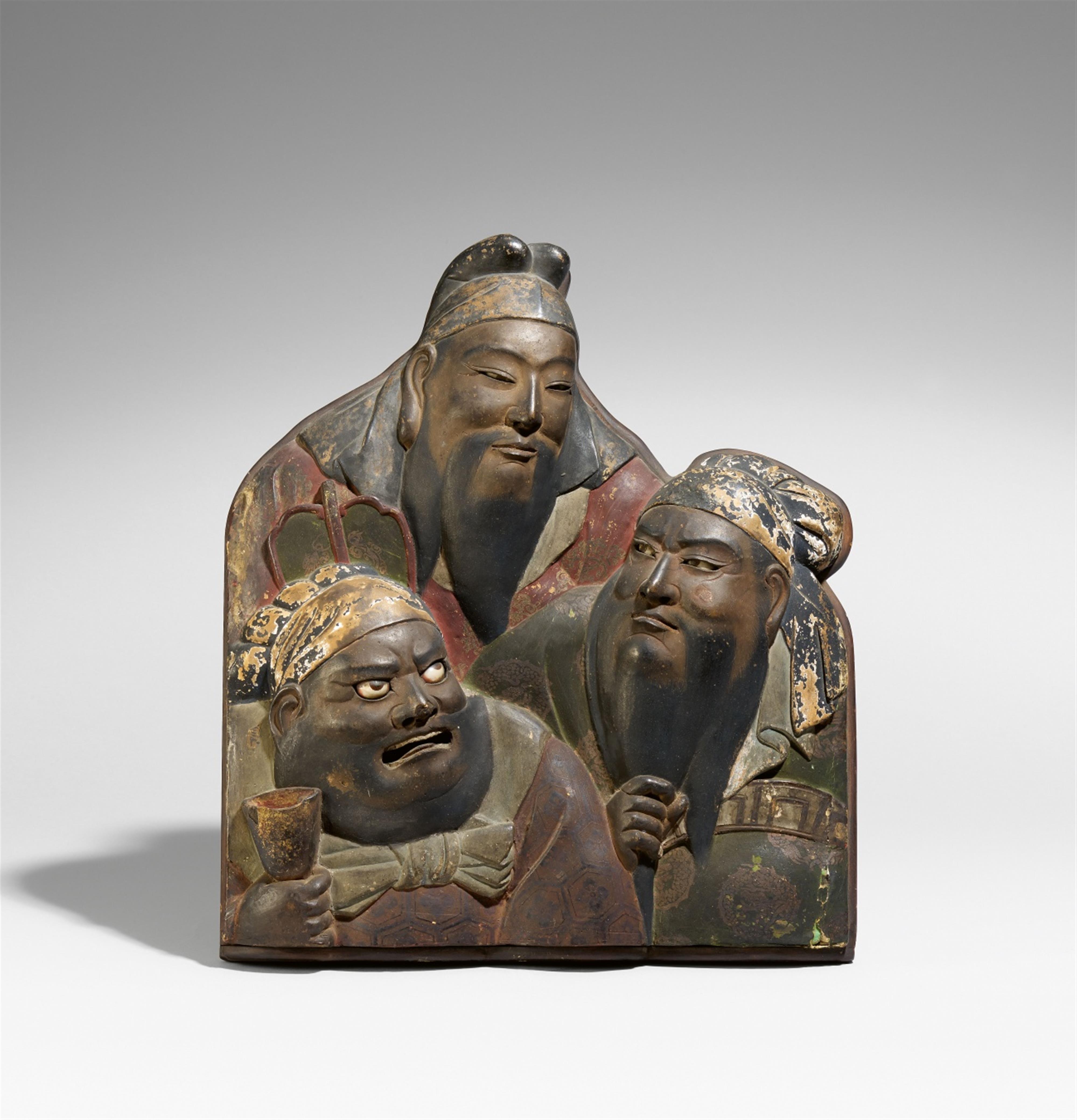 A polychromed wood panel with half-length portraits of the three sworn brothers.19th centrury - image-1