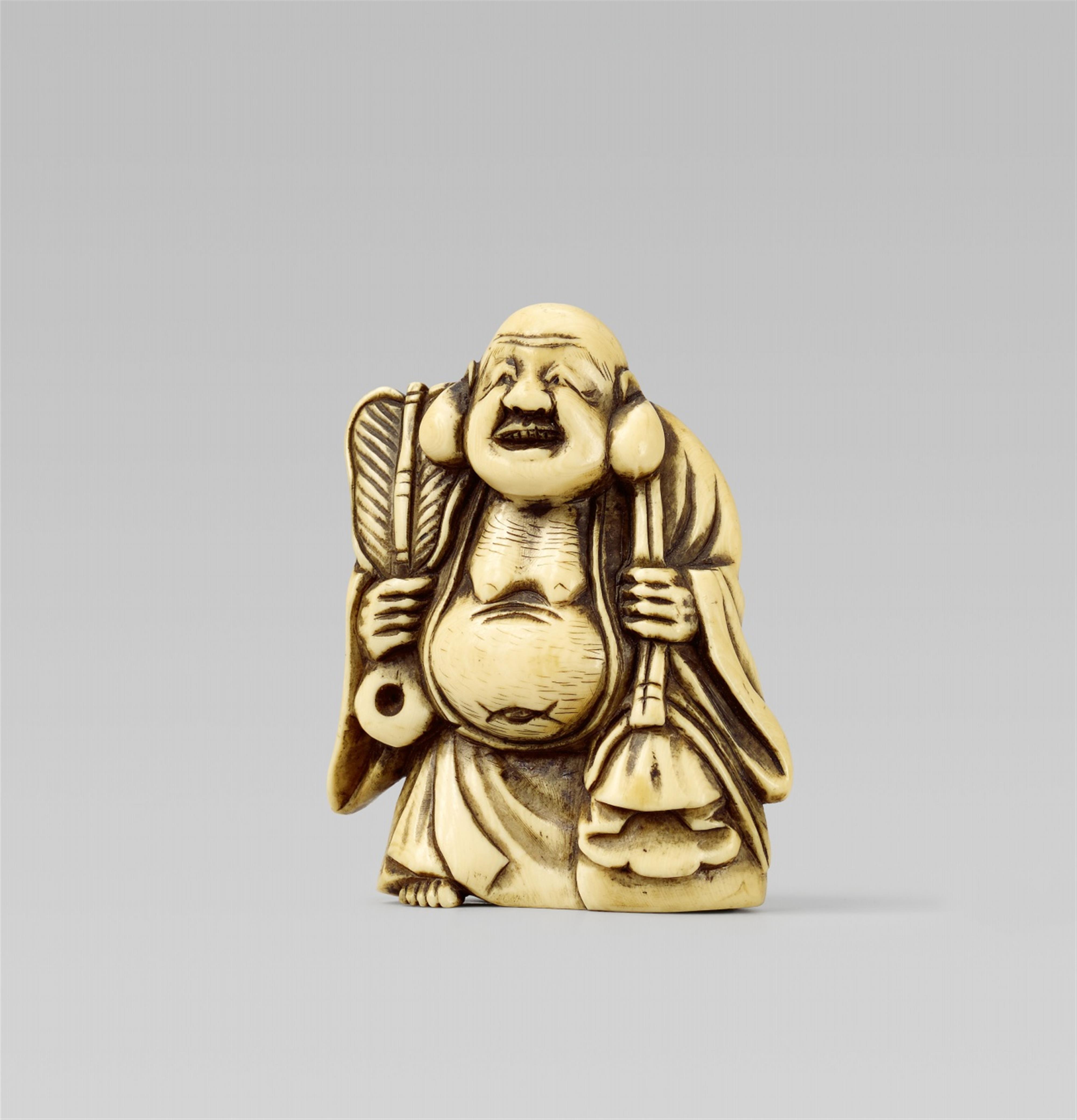 An Osaka school ivory netsuke of a Fushimi figurine of Hotei. Mid-19th century - image-1