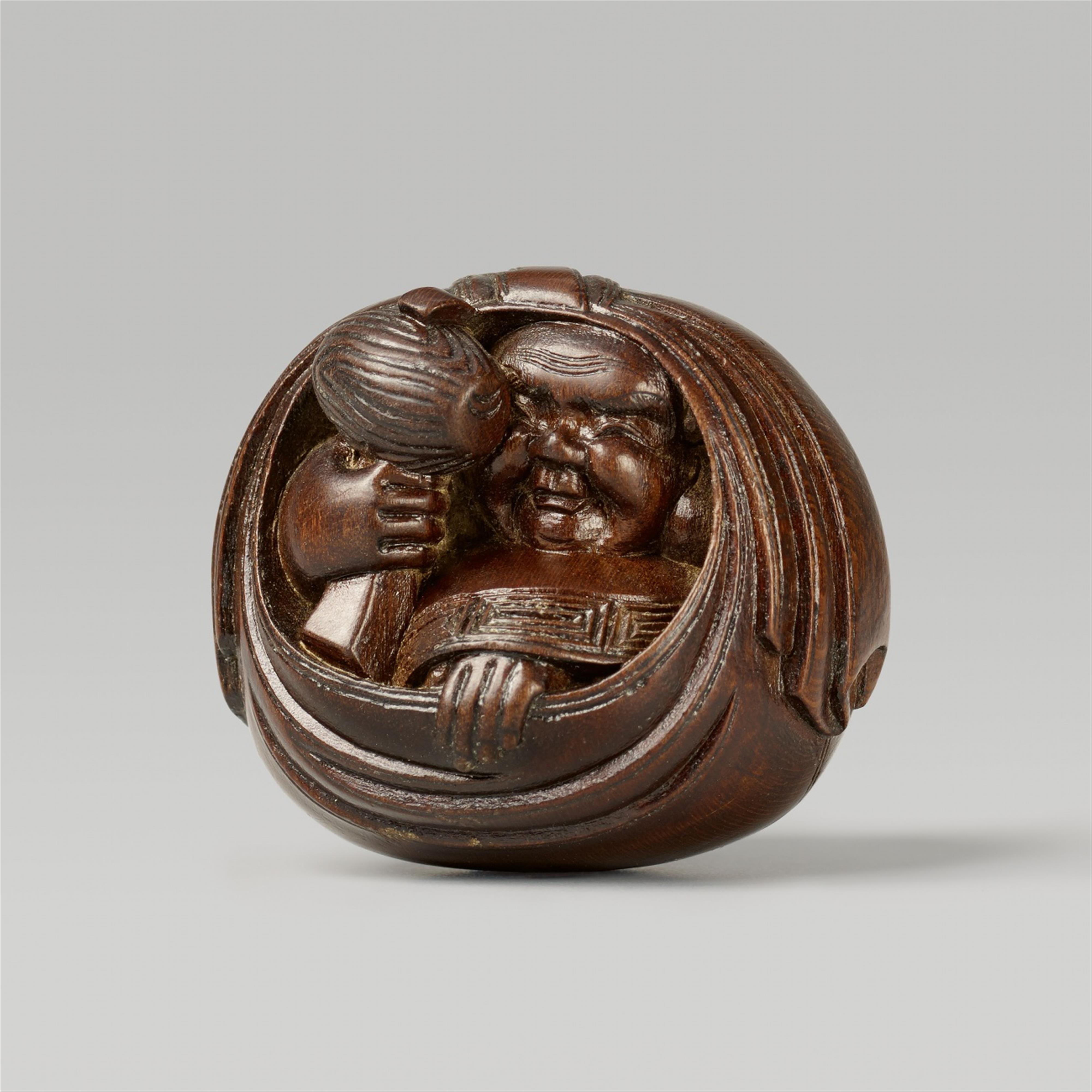 An Edo school wood netsuke of a god of good luck, by Masayoshi. Second half 19th century - image-1