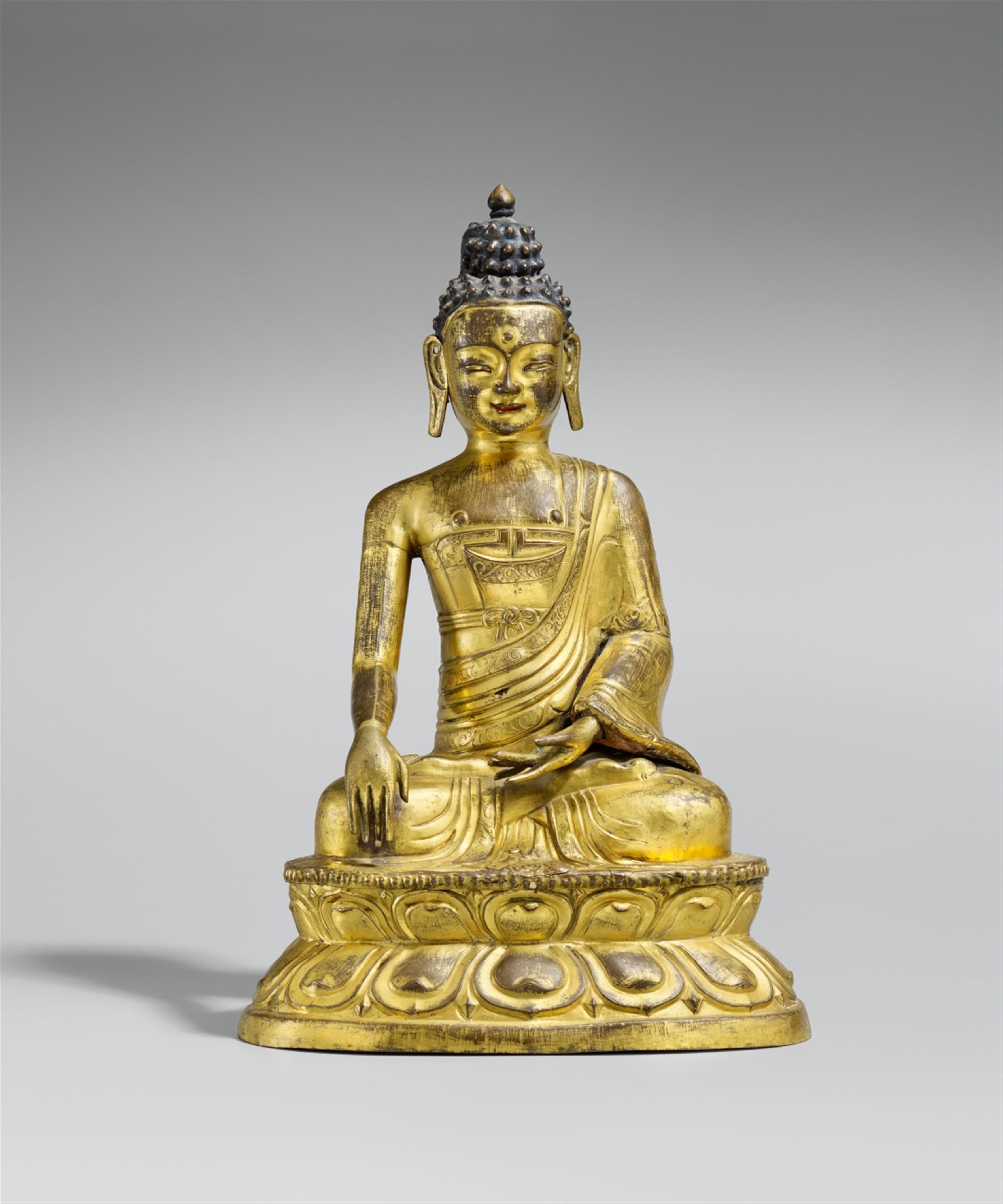 A Tibetan gilt copper repoussé figure of Buddha Shakyamuni. 19th century - image-1