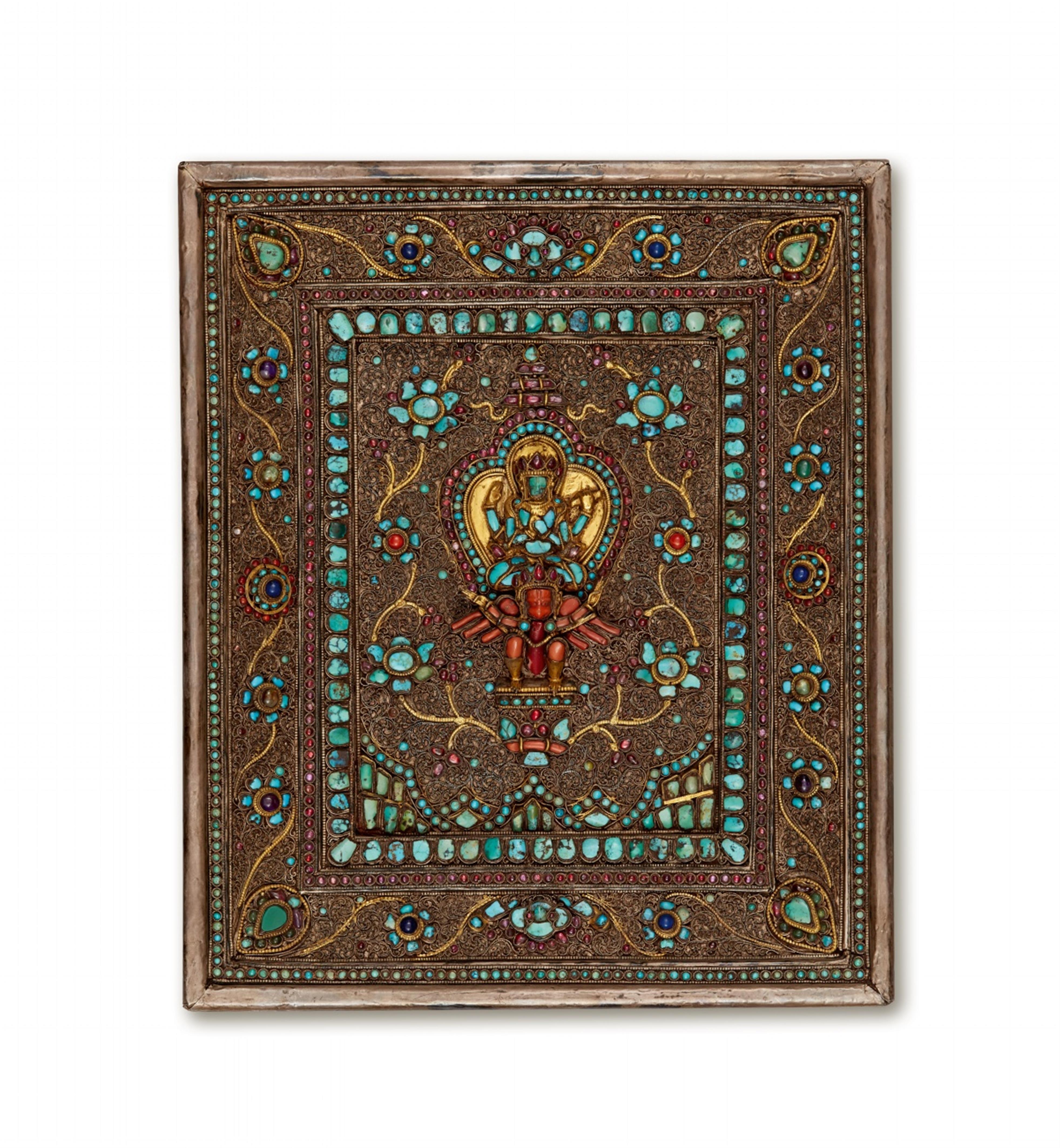 A Nepalese parcel gilt silver panel inset with semi-precious stones - image-1