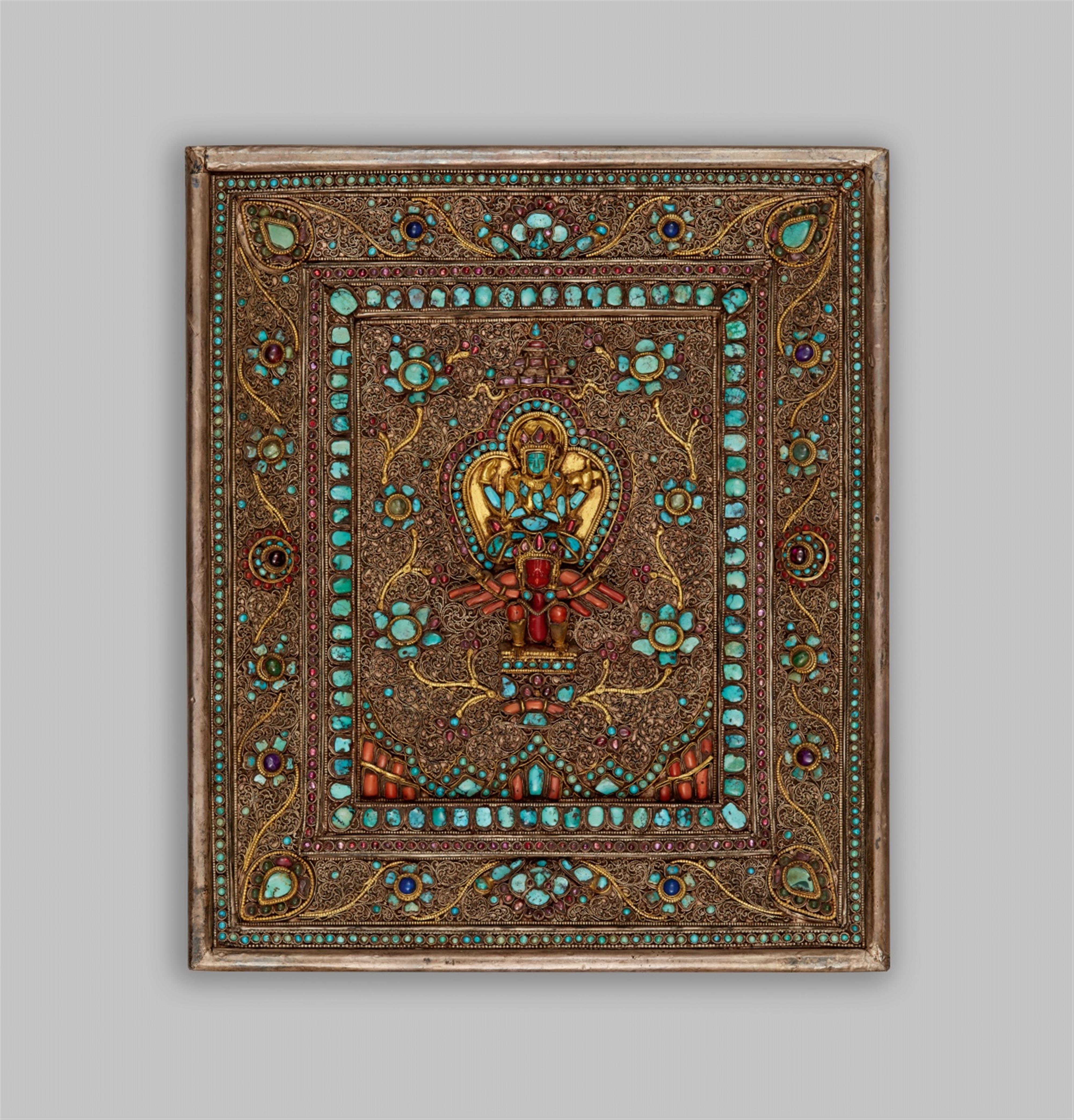 A Nepalese parcel gilt silver panel inset with semi-precious stones - image-1