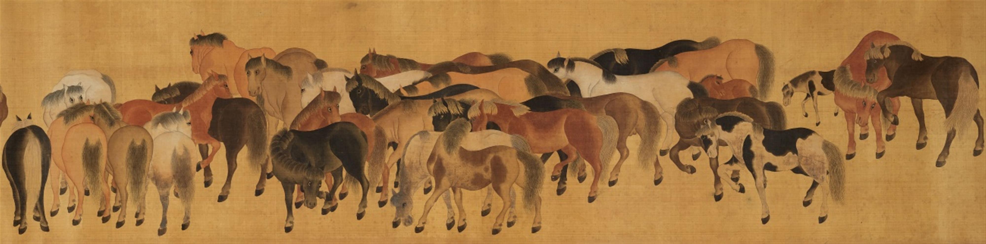 After Zhao Mengfu . 19th/20th century - One Hundred Horses. Horizontal scroll. Ink and colour on silk. Inscribed Zi'ang and sealed Zhao shi Zi Ang and Zhao Mengfu yin and other seals. Four colophons. - image-3