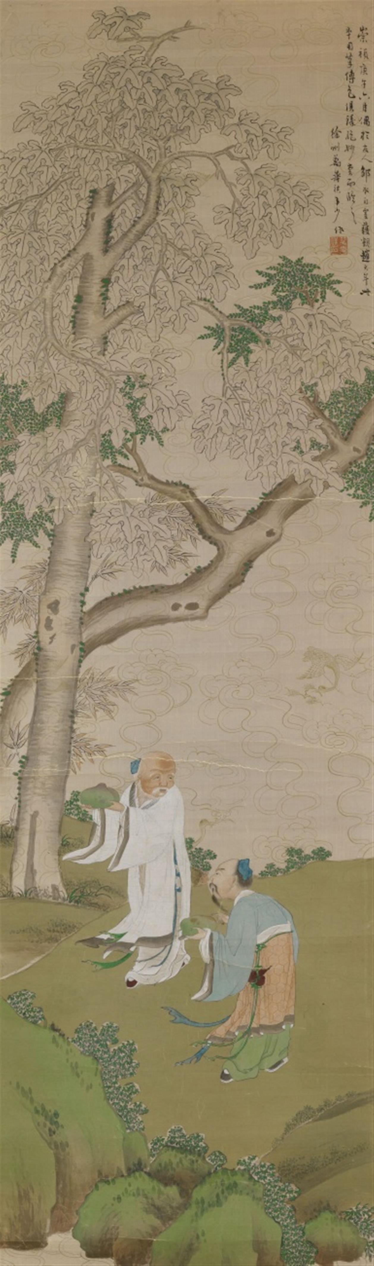 Nach Wan Shouqi . 19./20. Jh. - Laozi und Konfuzius unter einem wutong-Baum. Hängerolle. Tusche und Farben auf Seide. Aufschrift, zyklisch datiert Chongzhen gengzi (1630), bez.: Wan Shouqi und Siegel Wan Shouq... - image-1