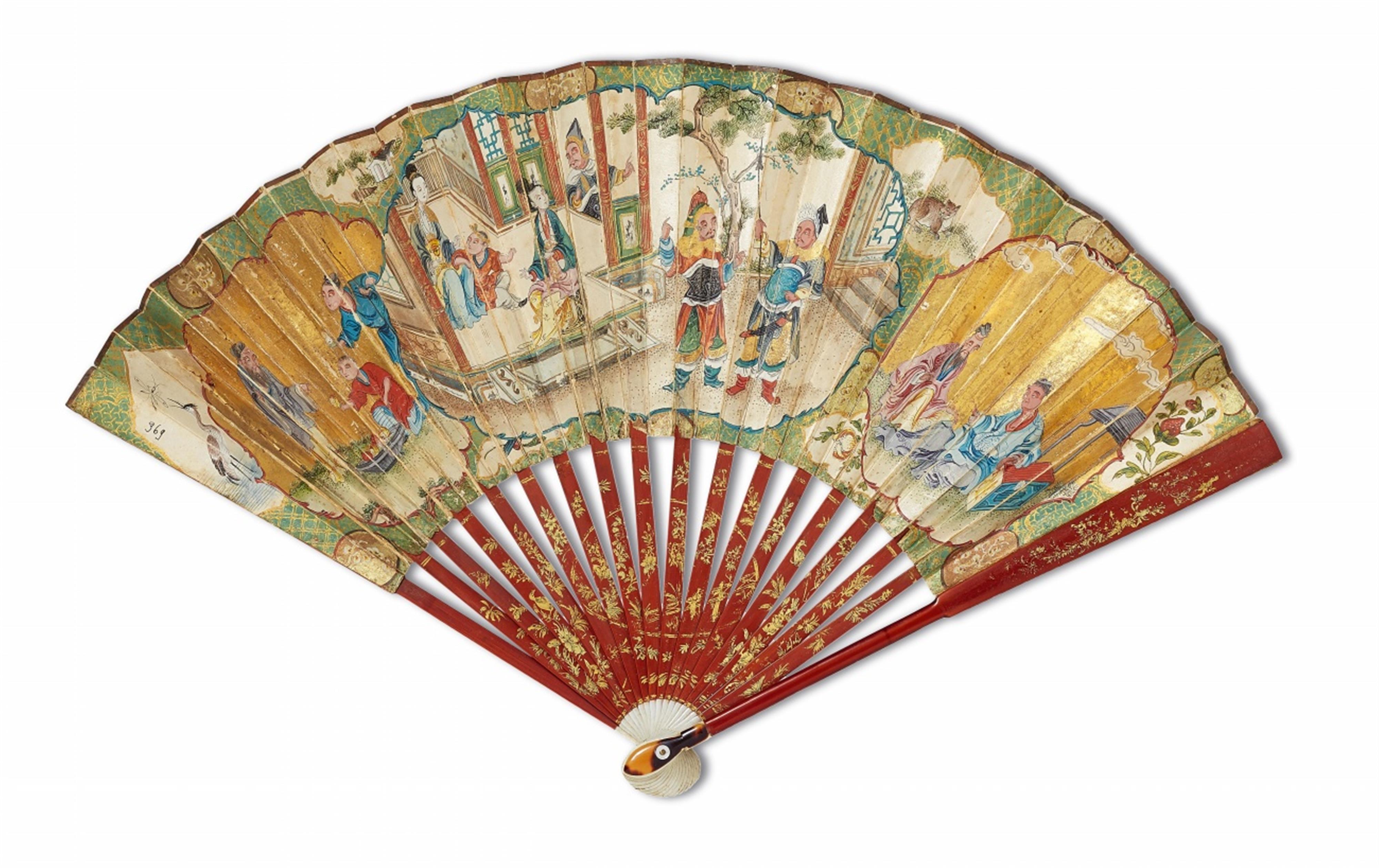 Anonymous painter . 19th century - A fan, the paper painted with three different figure scenes in a noble setting in cartouches, the sticks painted in gold with flowers on a red lacquer ground. - image-1