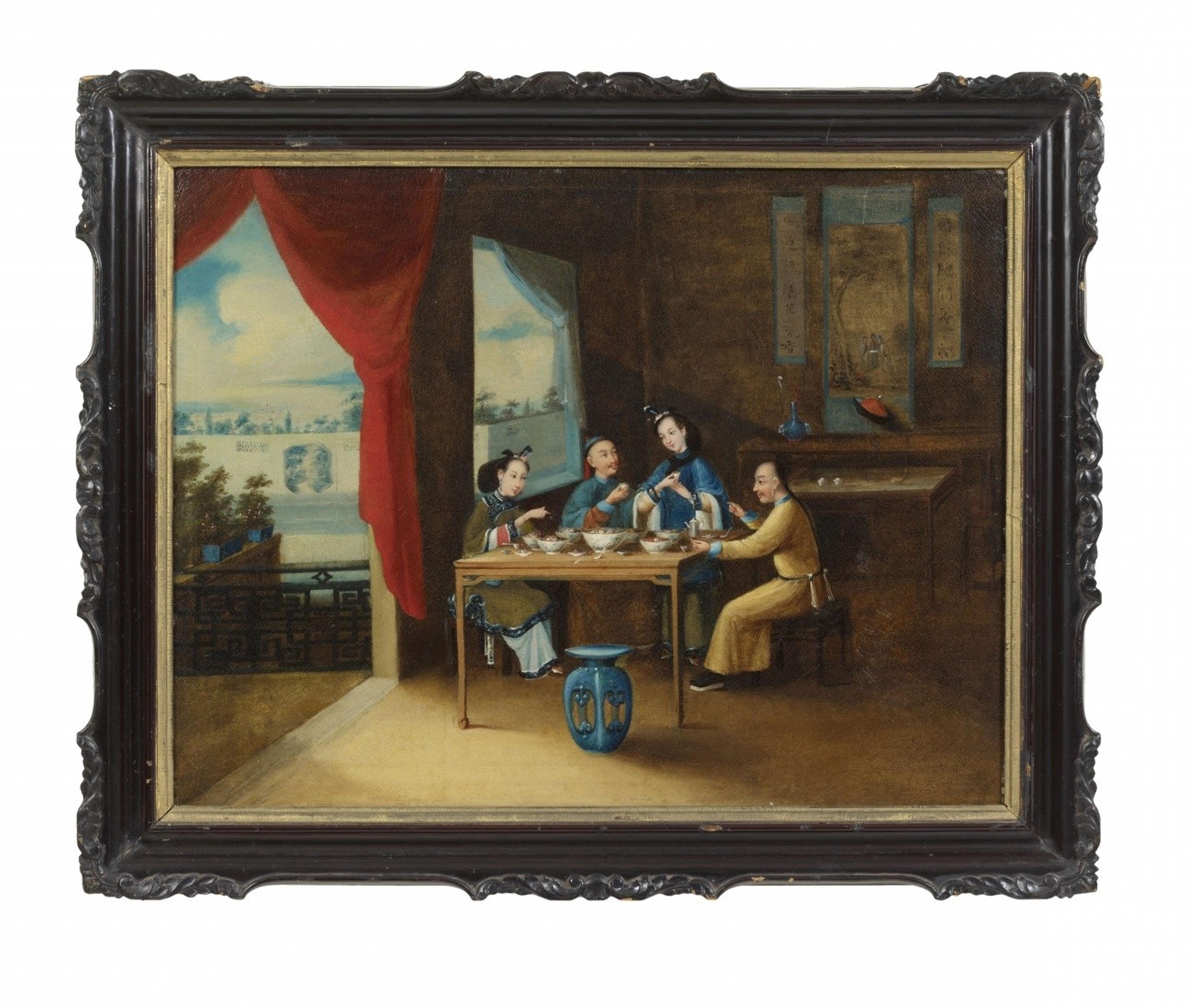 Anonymous painter . 19th century - An interior with two ladies and two gentlemen eating at a table. Oil on canvas. - image-1