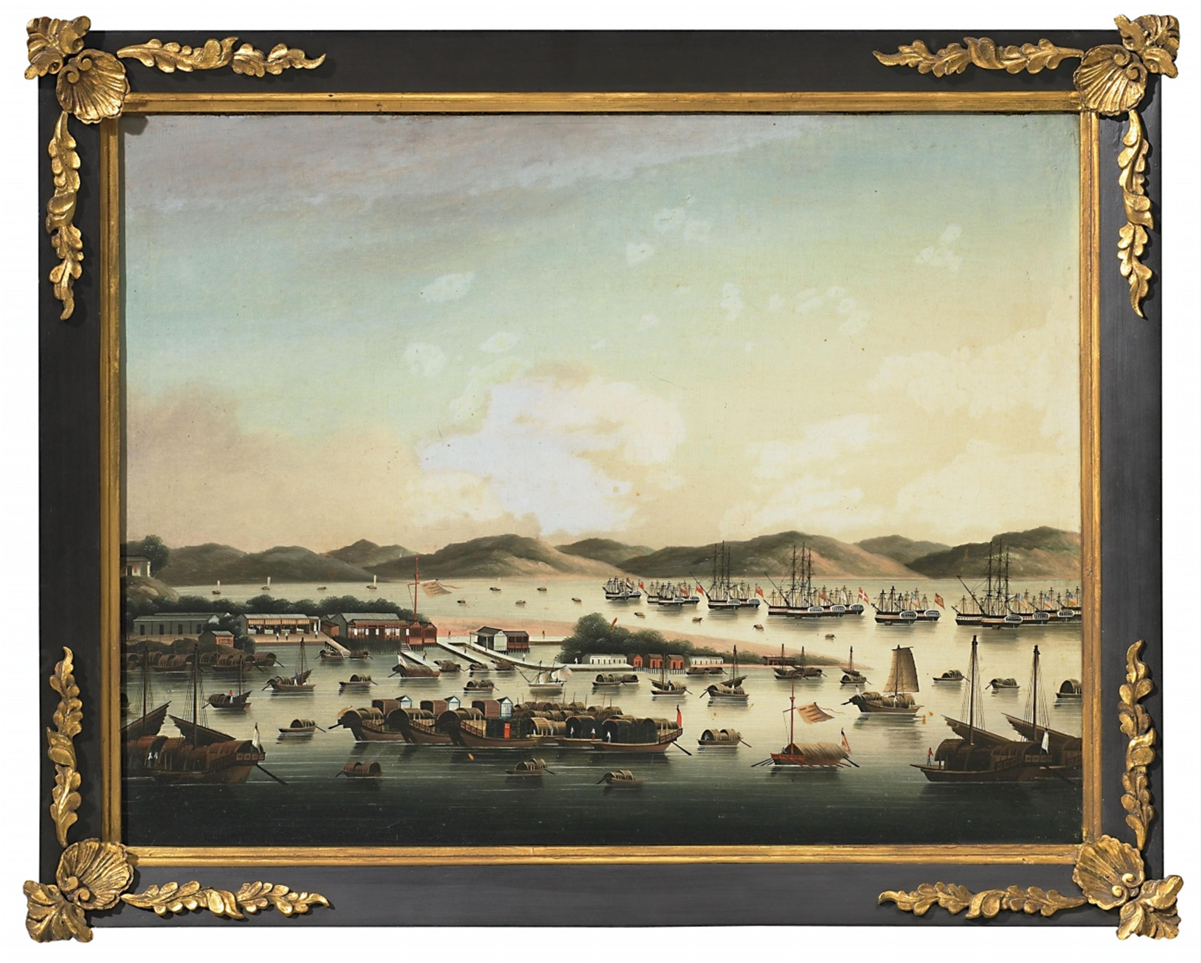 Anonymous painter . Canton. Around 1826-1832 - A Chinese school painting of the Whampoa anchorage and island and numerous Chinese boats, small and large three-masters with flags of different European countries and the Americ... - image-1