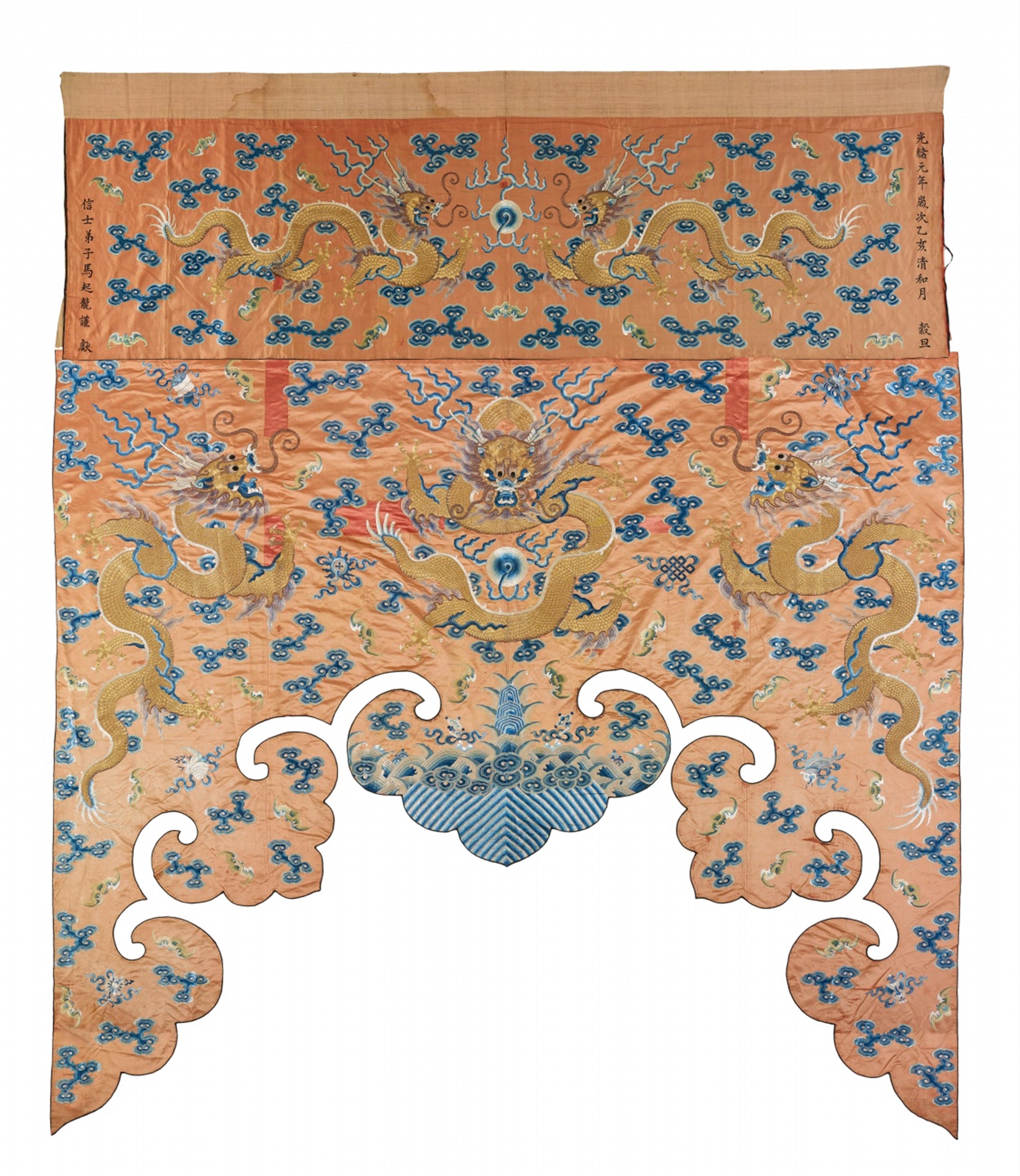 A very large embroiderd red silk altar hanging. Dated 1875 - image-1