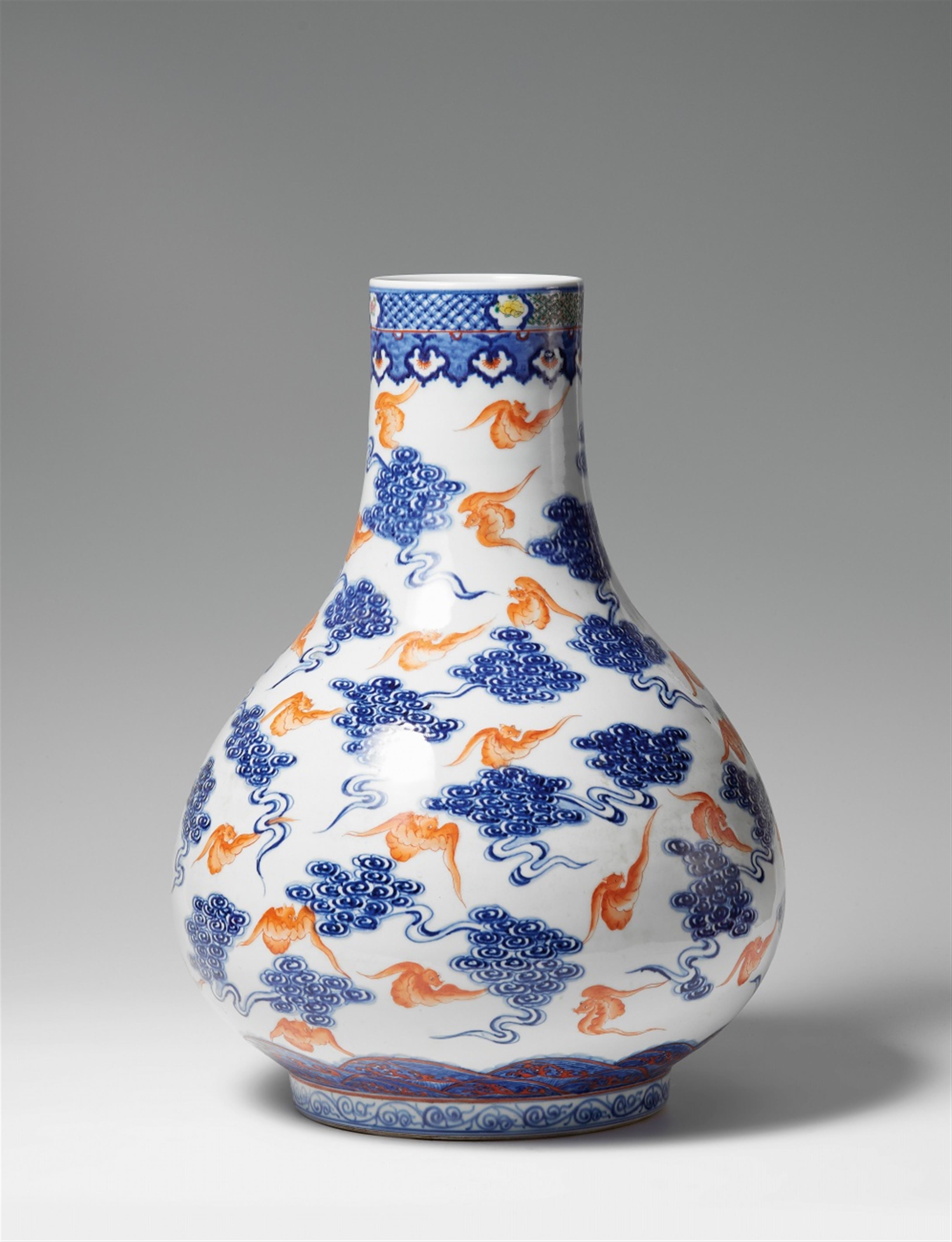 A large underglaze-blue and iron-red bat and cloud bottle vase. 20th century - image-1