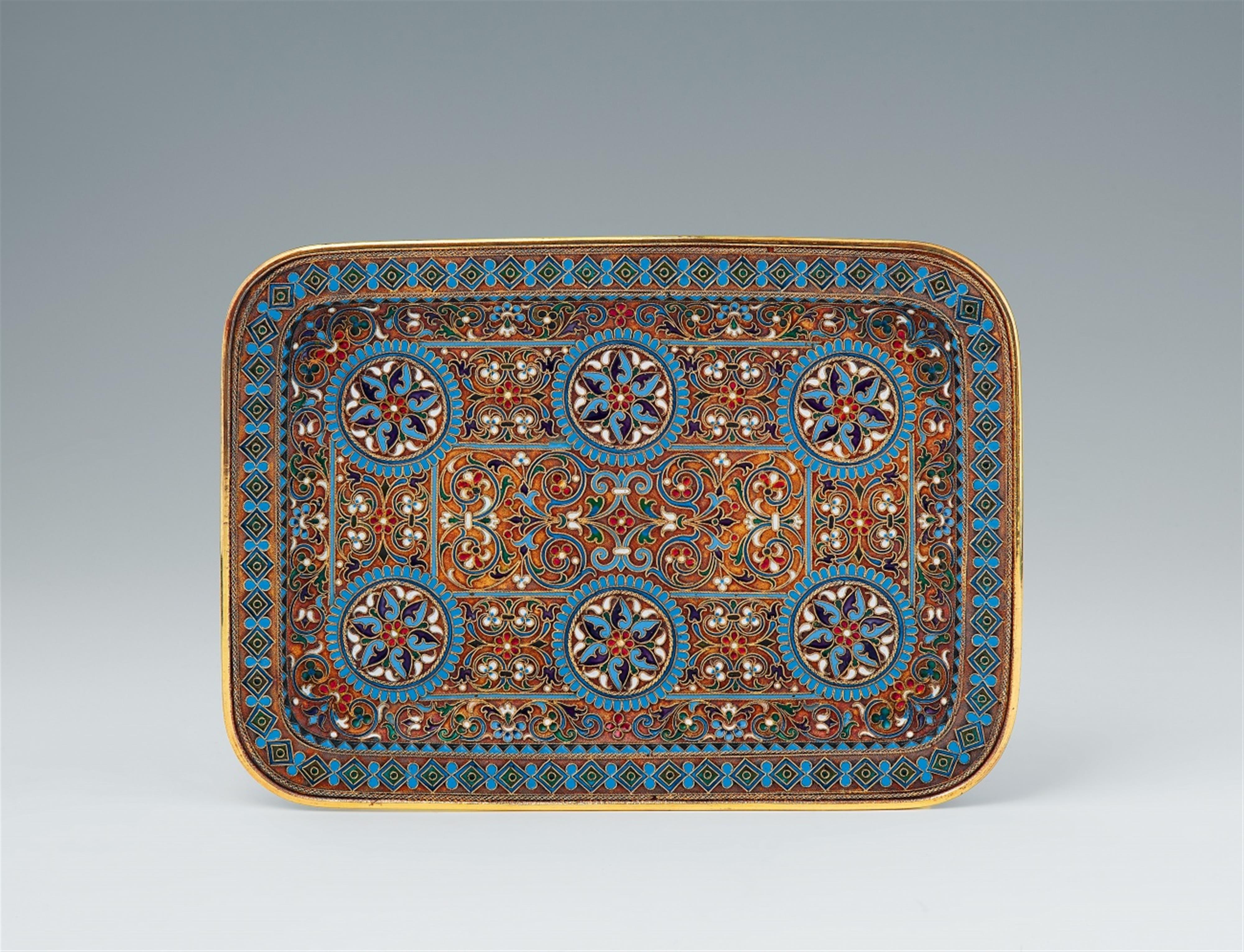 A Moscow silver gilt and cloisonné enamel platter - image-1