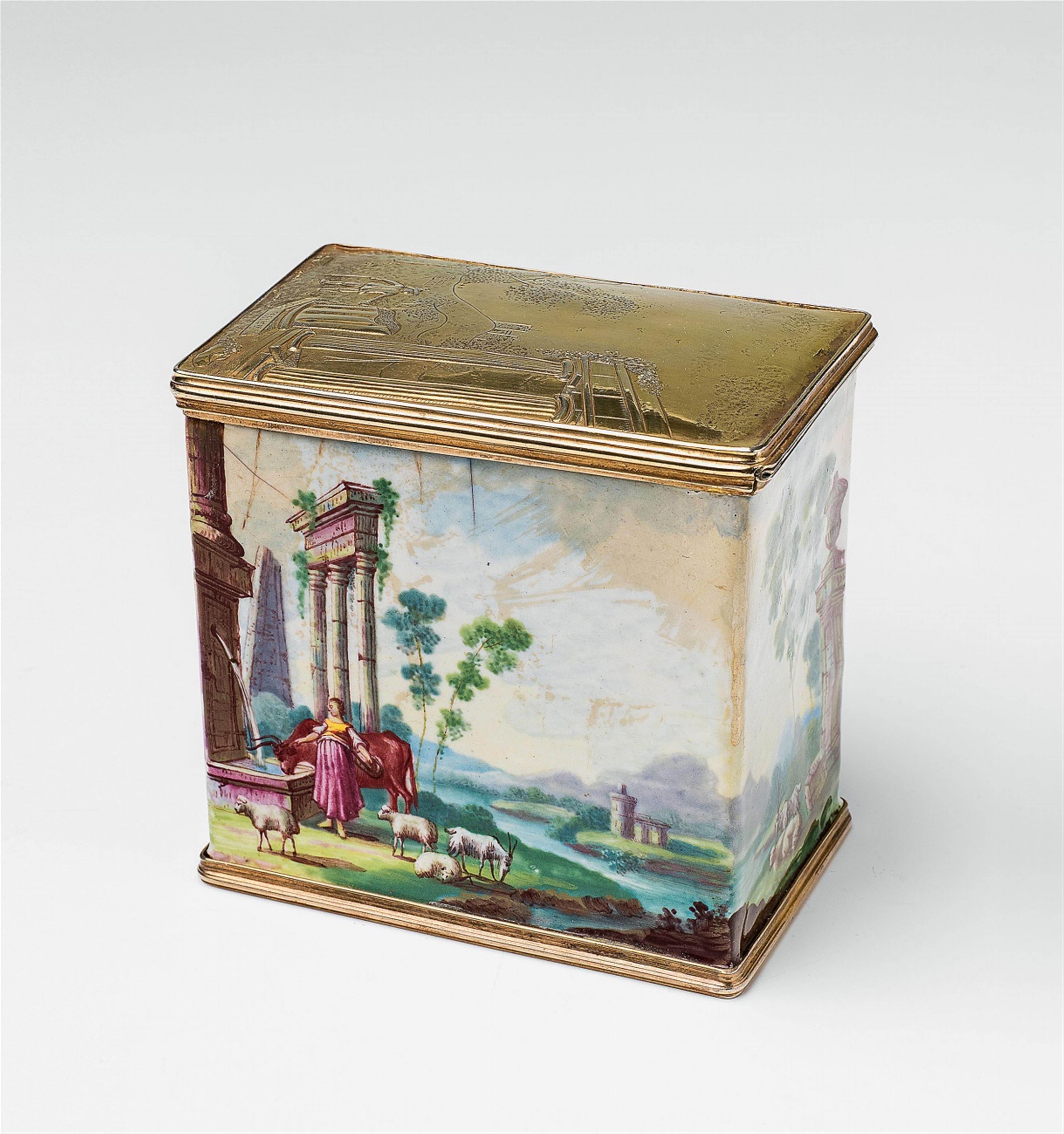 An English gilt metal and enamel snuffbox - image-1