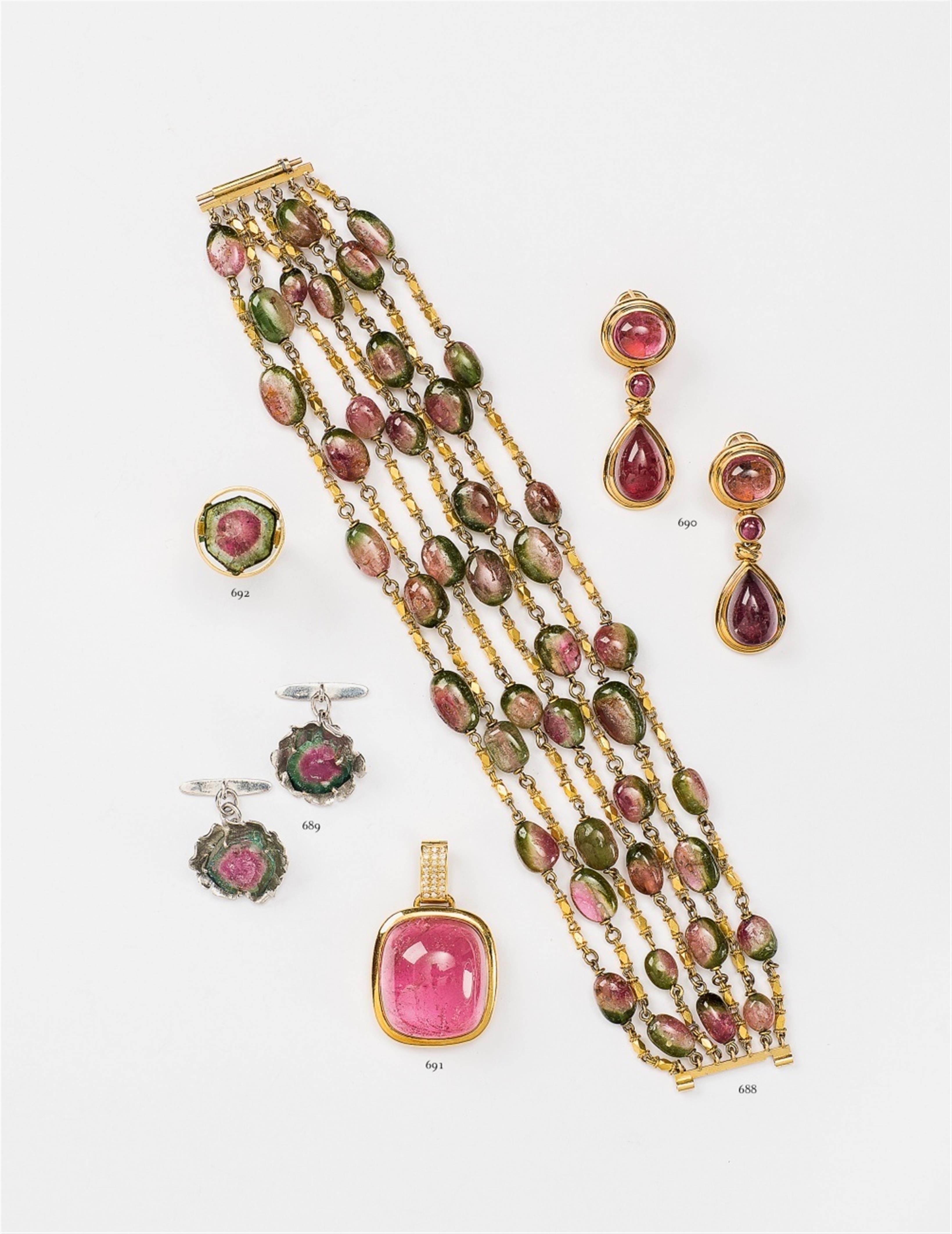 A pair of 18k gold and tourmaline pendant earrings - image-2