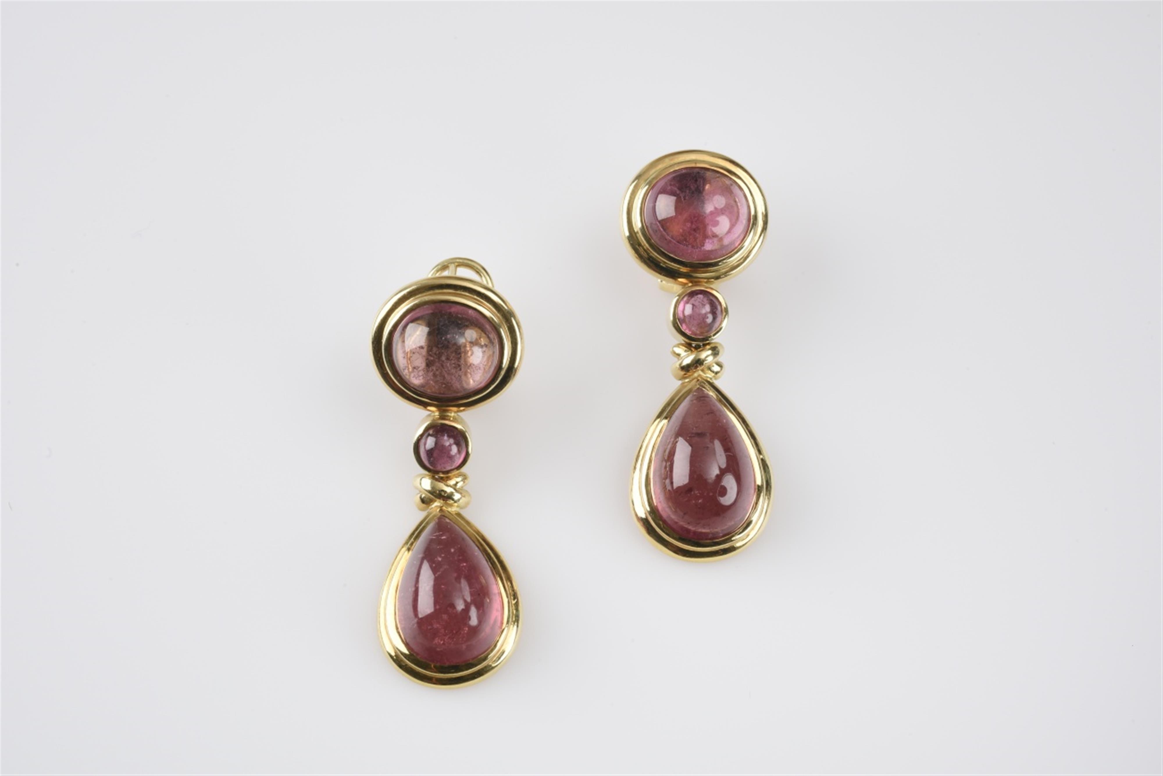 A pair of 18k gold and tourmaline pendant earrings - image-1