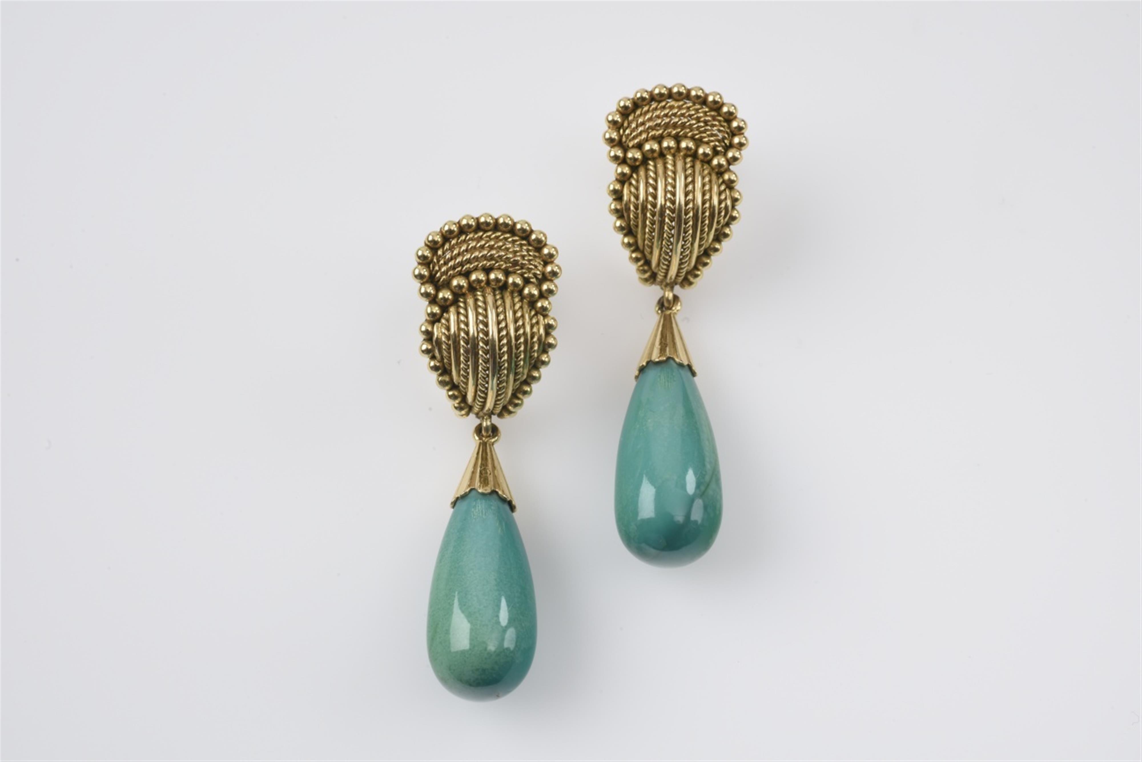 A pair of 18k gold and turquoise pendant earrings - image-1