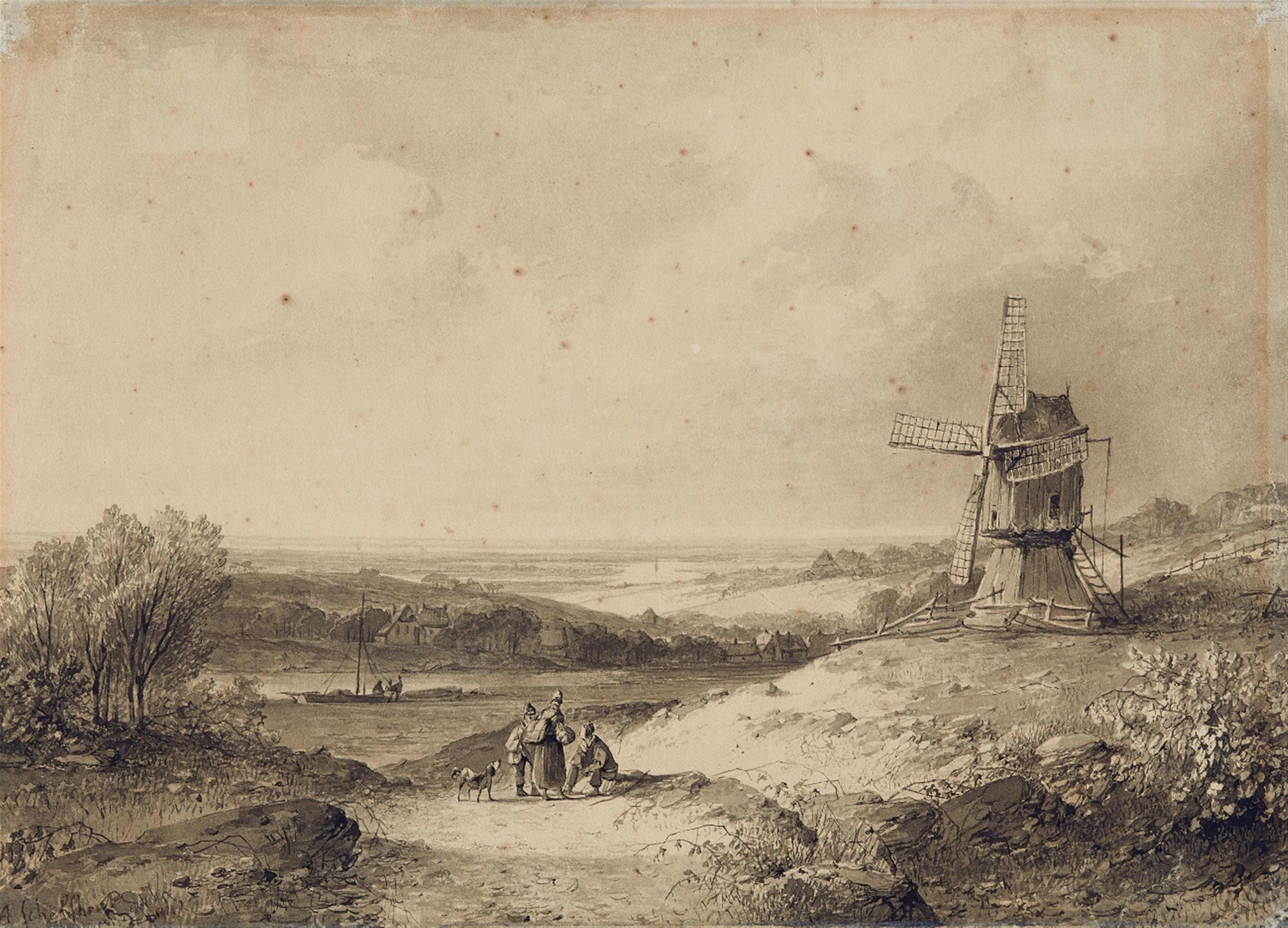 Andreas Schelfhout - Blick in weite Landschaft mit Windmühle - image-1