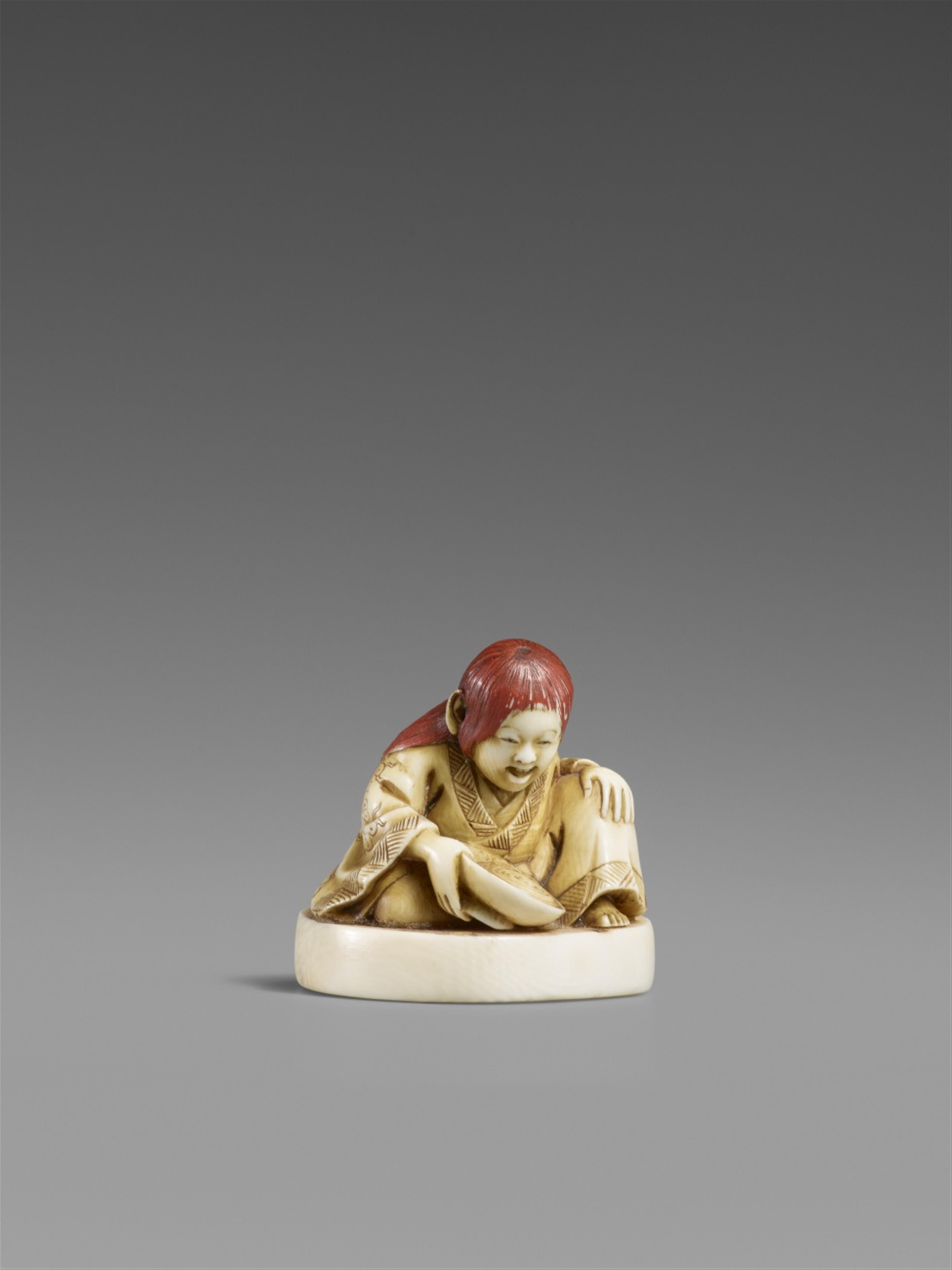 An ivory netsuke of a shôjô with a sake cup. Late 19th century - image-1