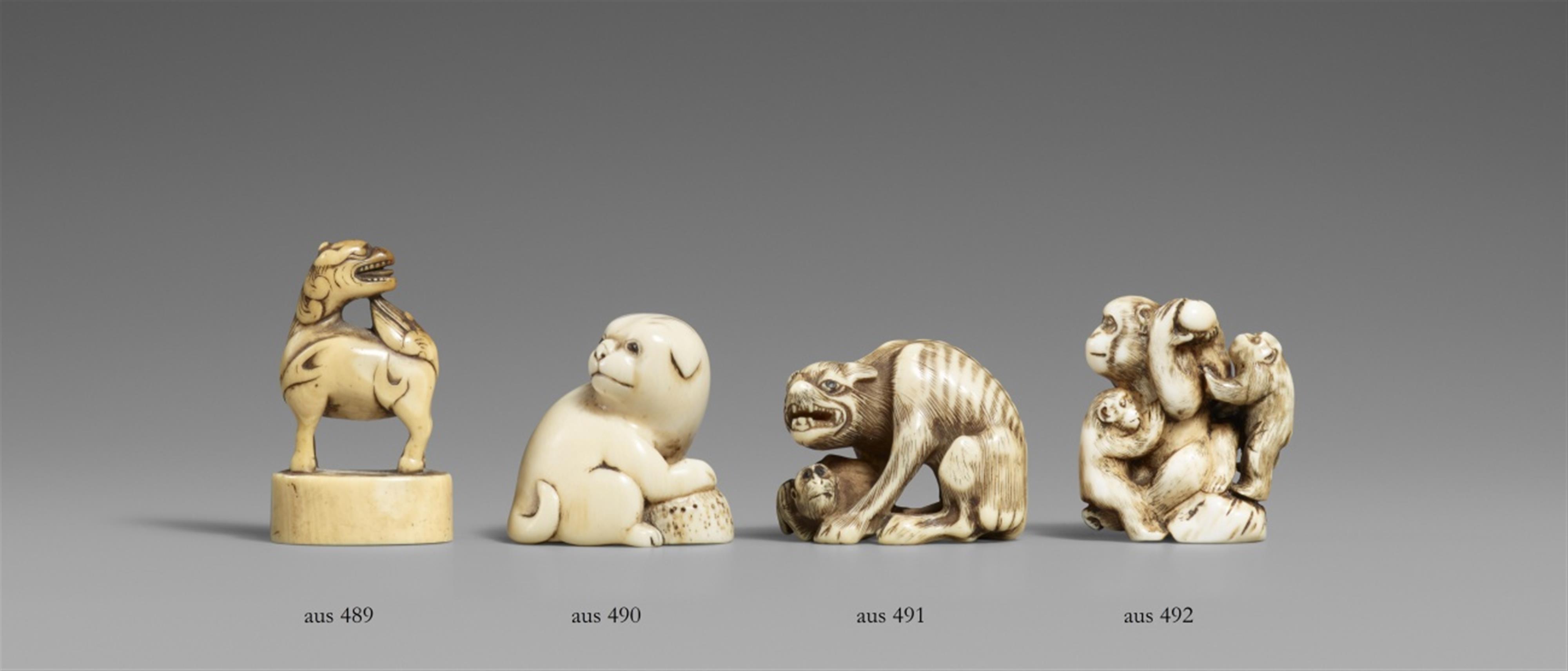 A group of two ivory and one stag antler netsuke. 19th century - image-1