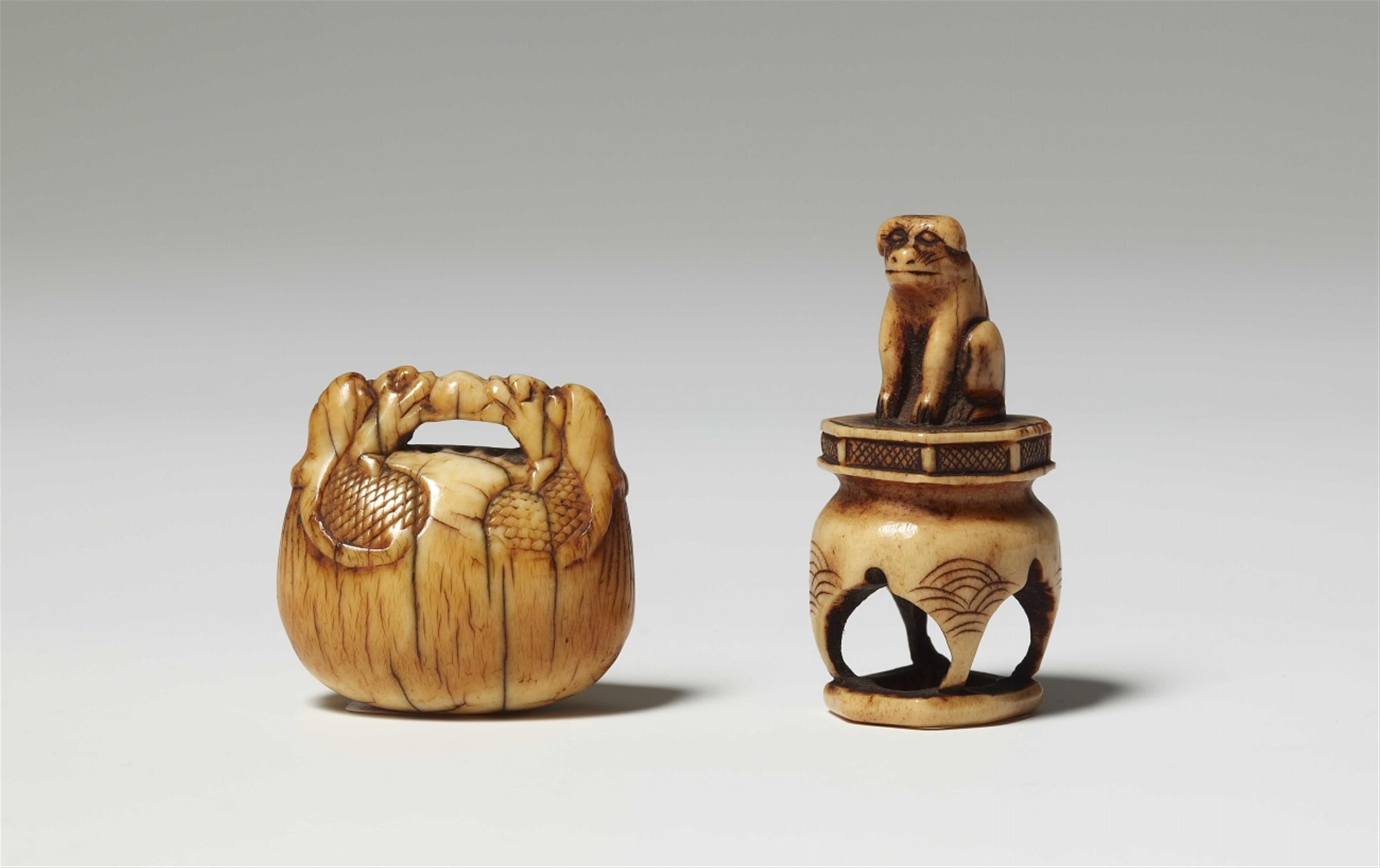A group of two ivory and one stag antler netsuke. 19th century - image-2