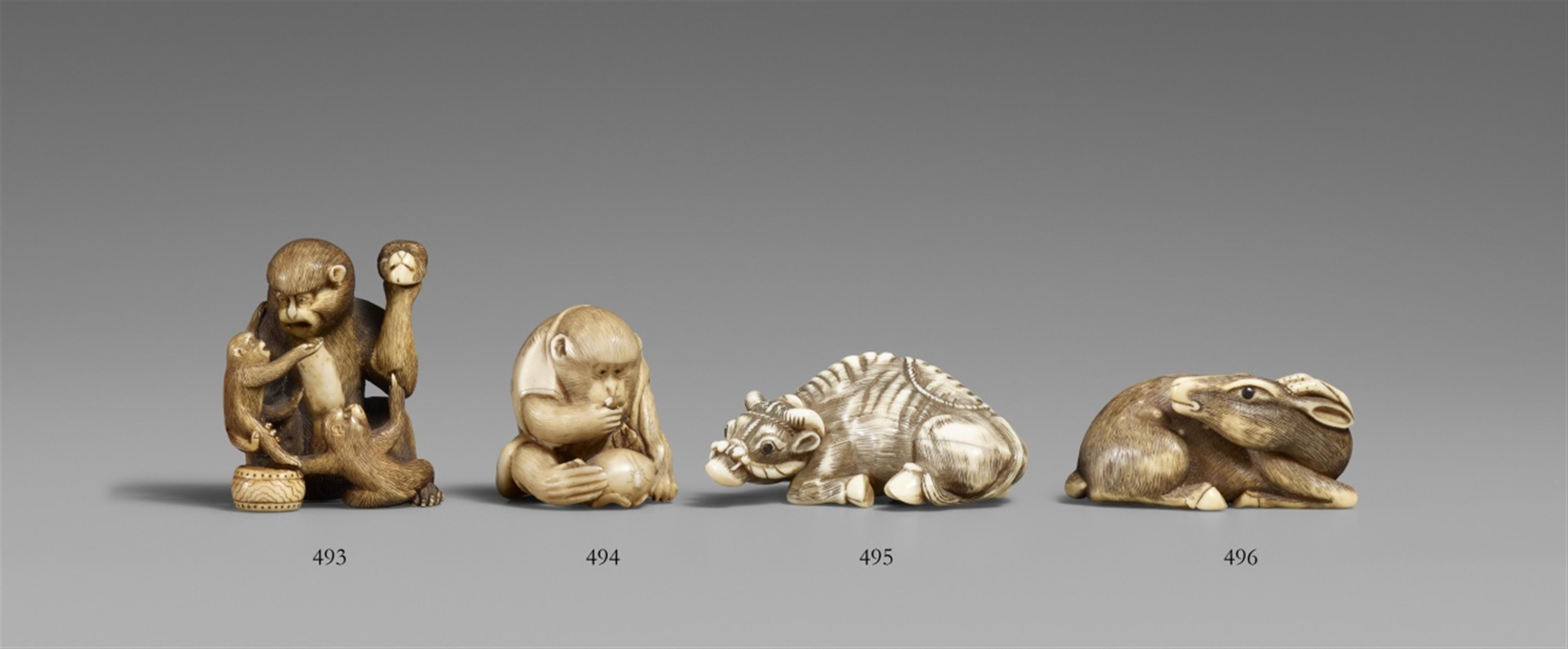 An ivory netsuke of a monkey looking at an insect. Late 19th century - image-1