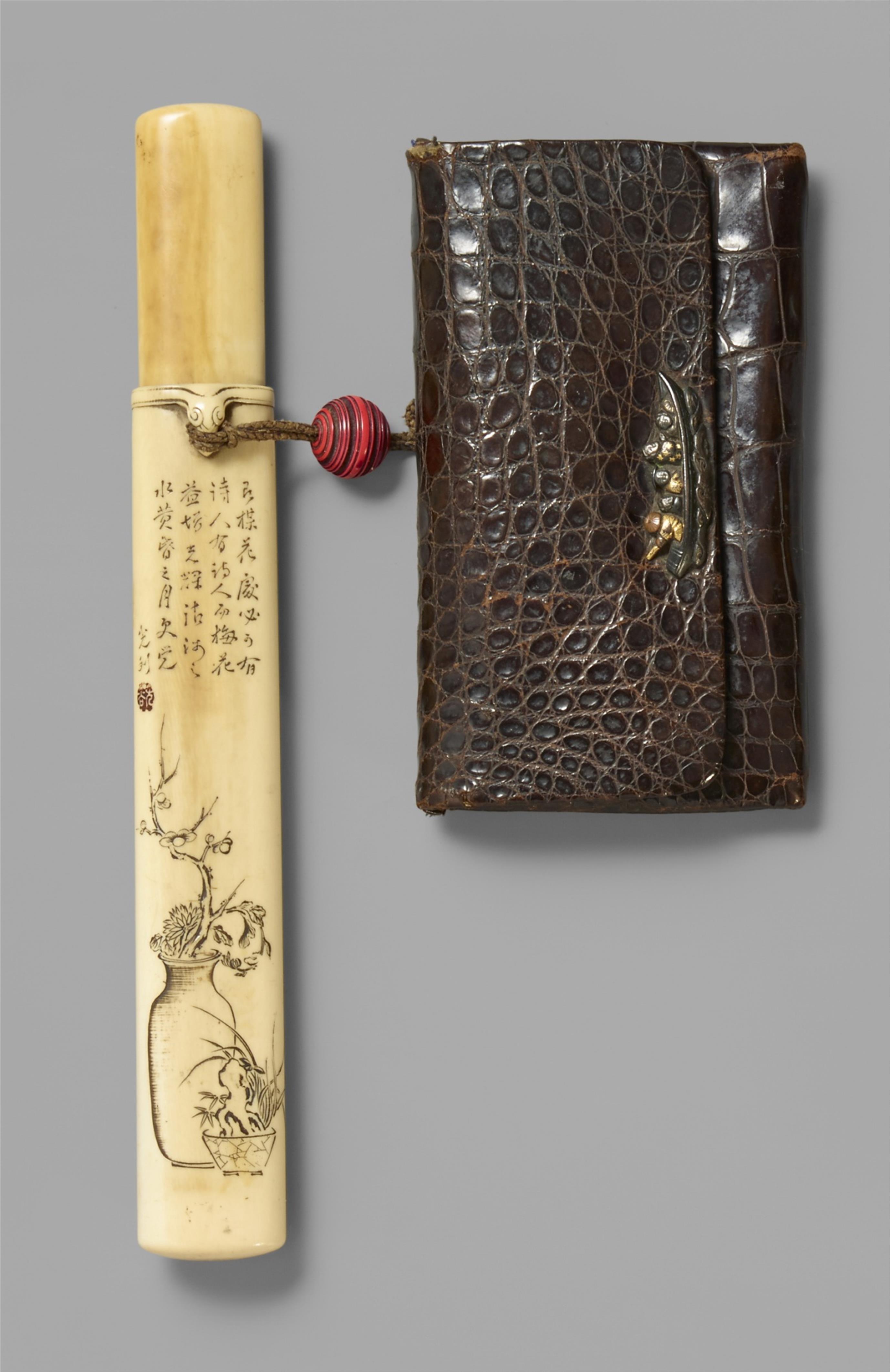 An alligator skin tabako-ire and ivory kiseruzutsu. Second half 19th century - image-1