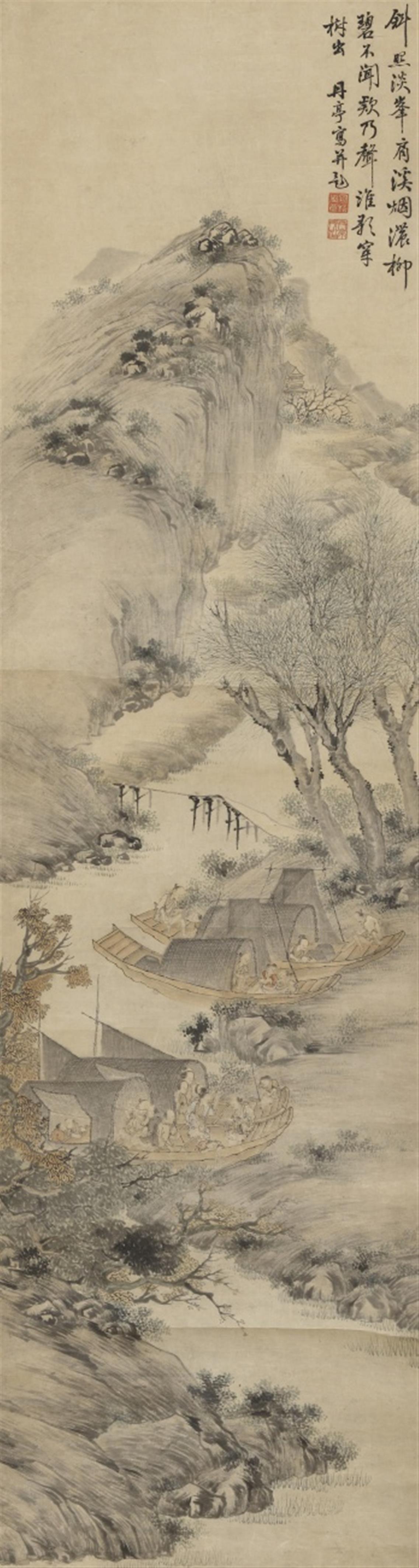 Hou Fengyuan . 19th century - Fishermen and their families in houseboats on the shore among pastures. Hanging scroll. Ink and colour on paper. Inscription, signed Danting, sealed Feng wu hua zhang and Dantin... - image-1