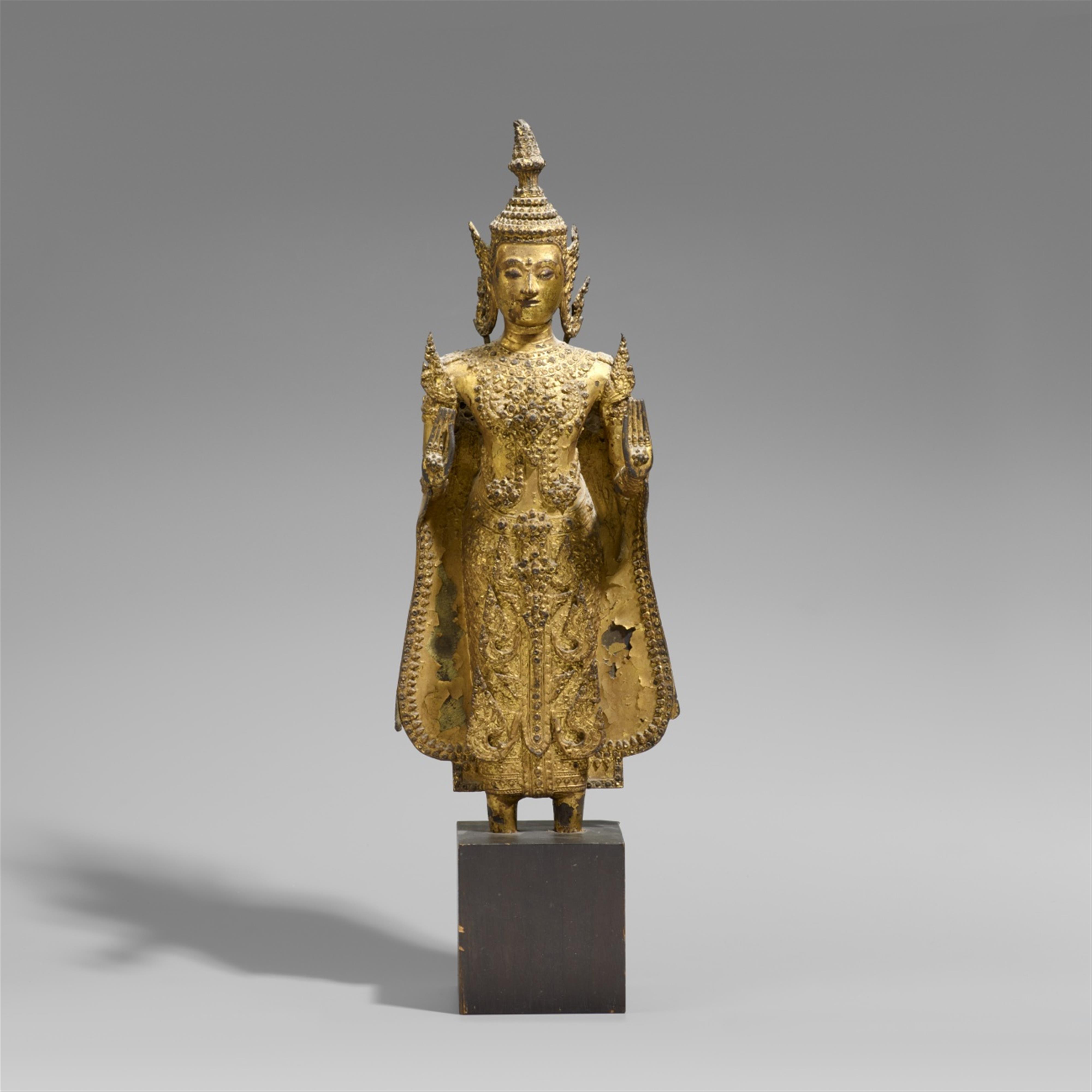 A Ratanakosin lacquered and gilt bronze figure of a bejewelled Buddha. 19th century - image-1