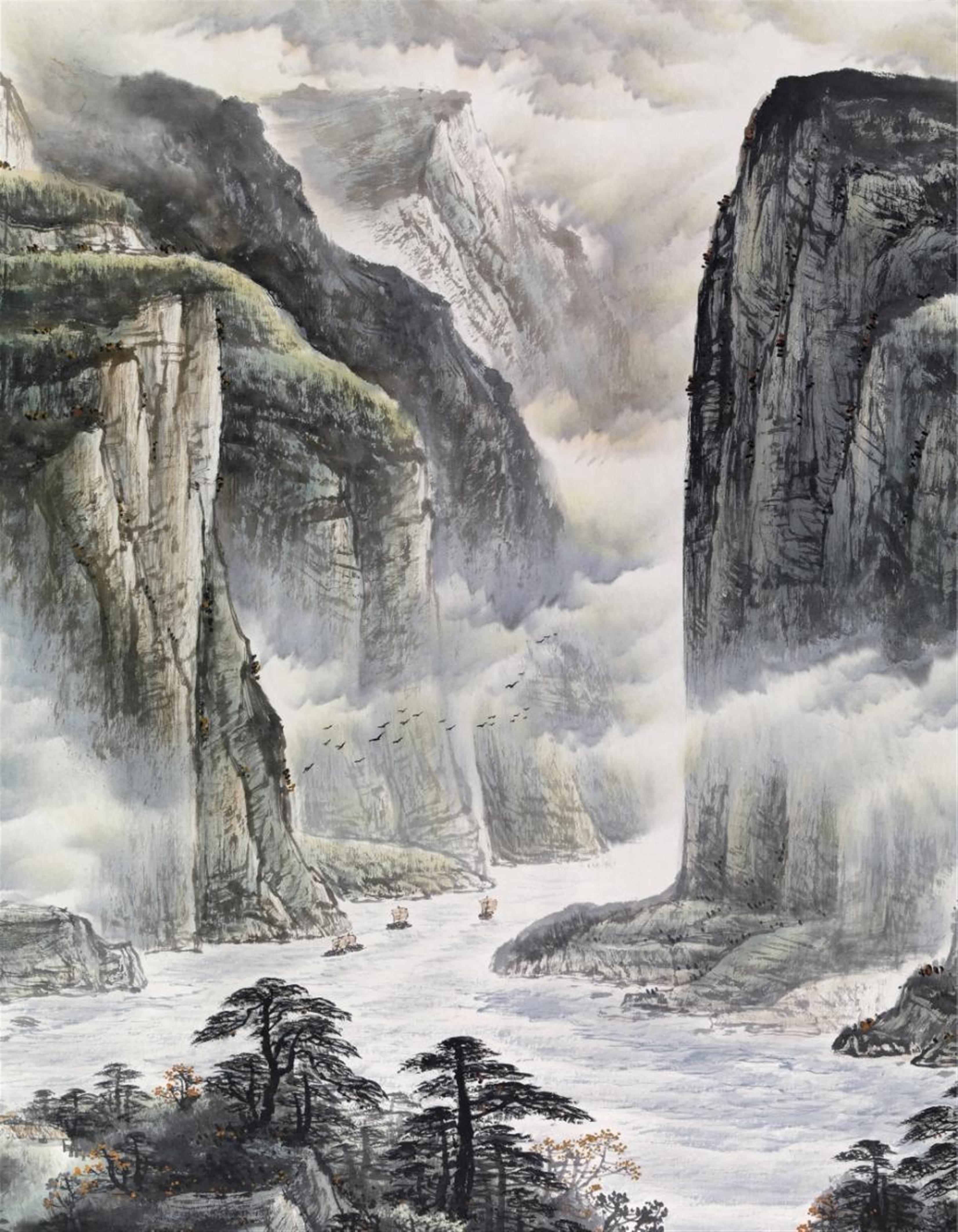 Xu Dahuzi . 20th century - A gorge with waterfall. Ink and colour on paper. Inscription, signed Xu shi Dahu and sealed Xu and Dahuzi. 20th century. - image-2