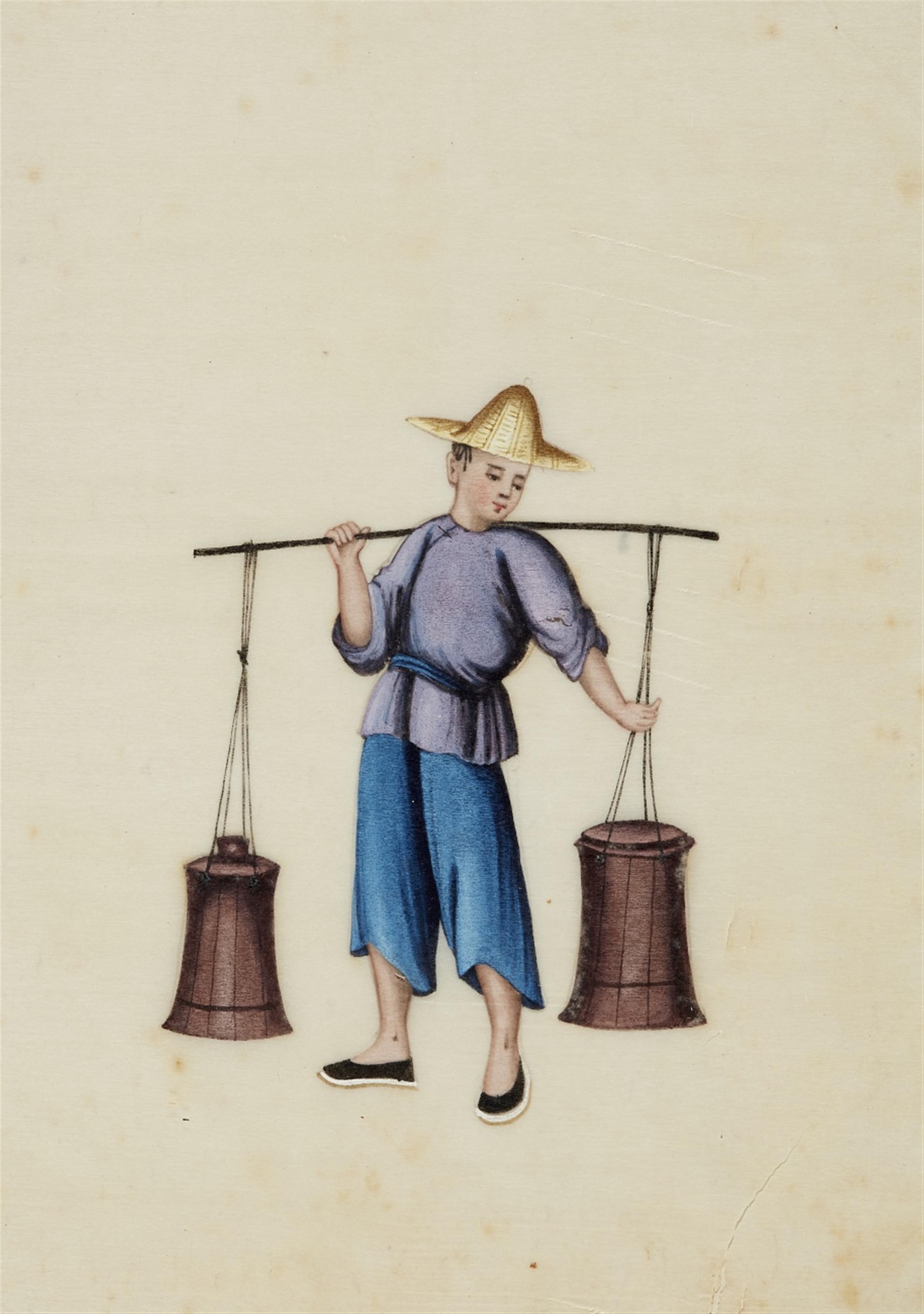 Anonymous painters . Canton. 19th century - Six small paintings depicting different trades. In addition: two albums with ten and eight leaves. Colours on pith paper. (8) - image-1