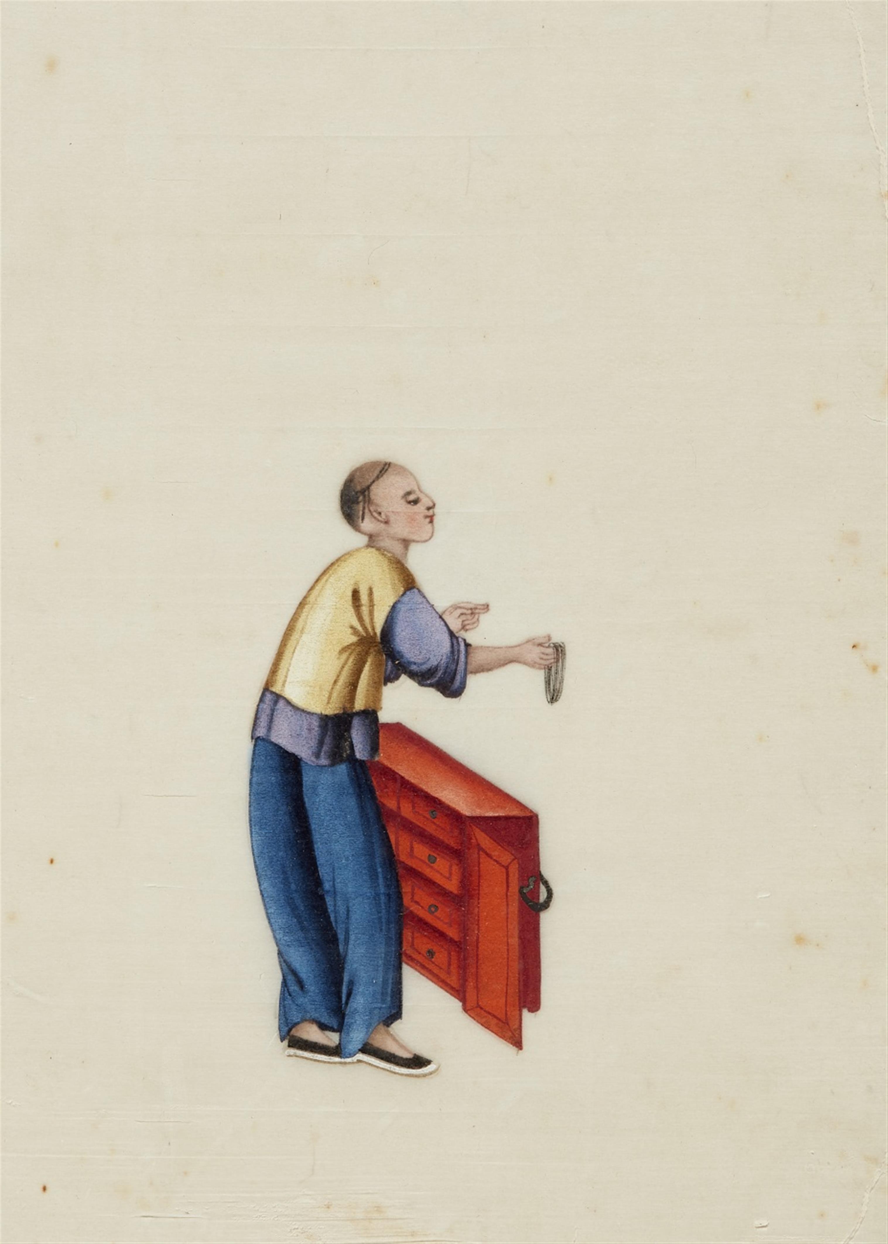 Anonymous painters . Canton. 19th century - Six small paintings depicting different trades. In addition: two albums with ten and eight leaves. Colours on pith paper. (8) - image-2