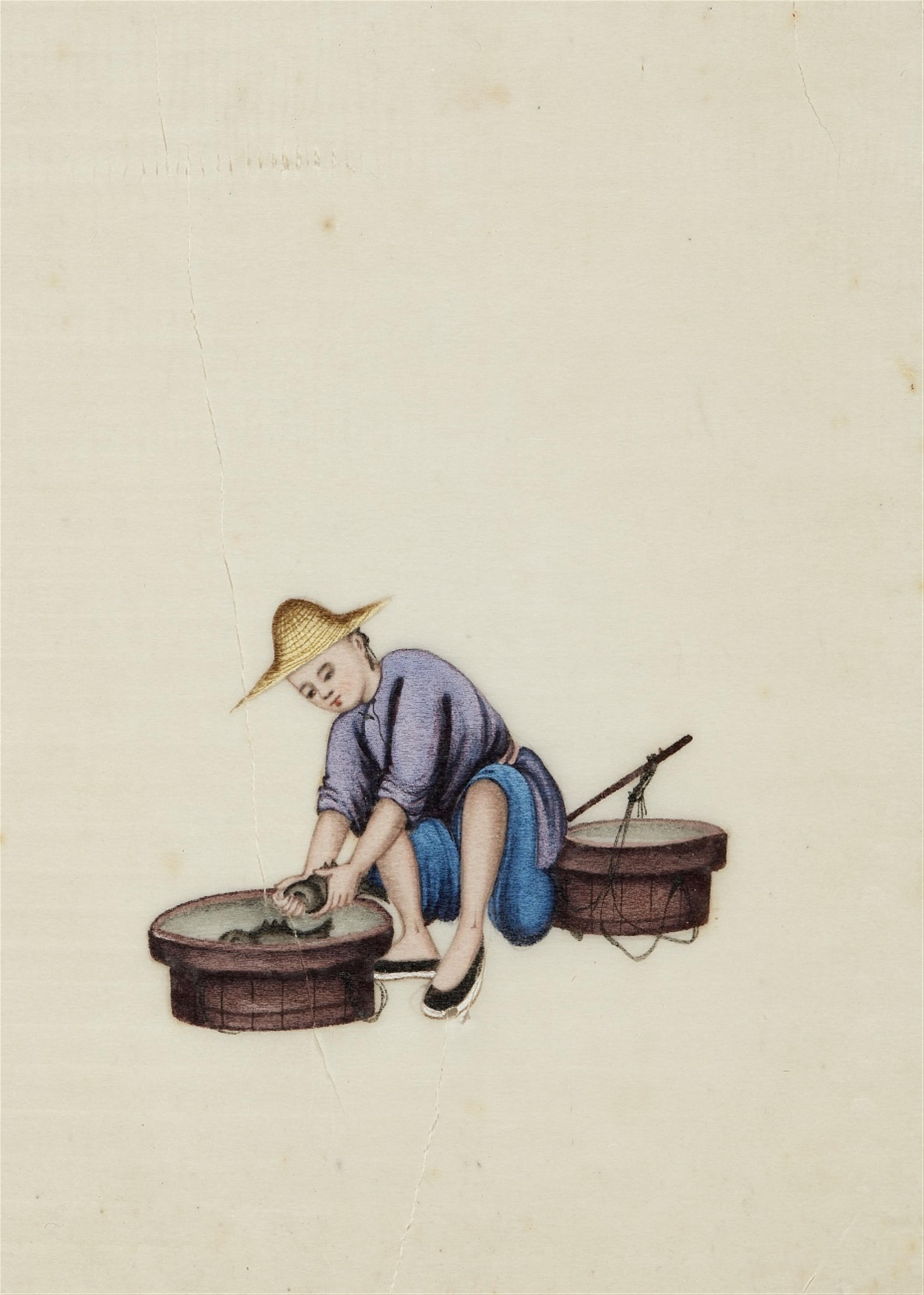 Anonymous painters . Canton. 19th century - Six small paintings depicting different trades. In addition: two albums with ten and eight leaves. Colours on pith paper. (8) - image-6