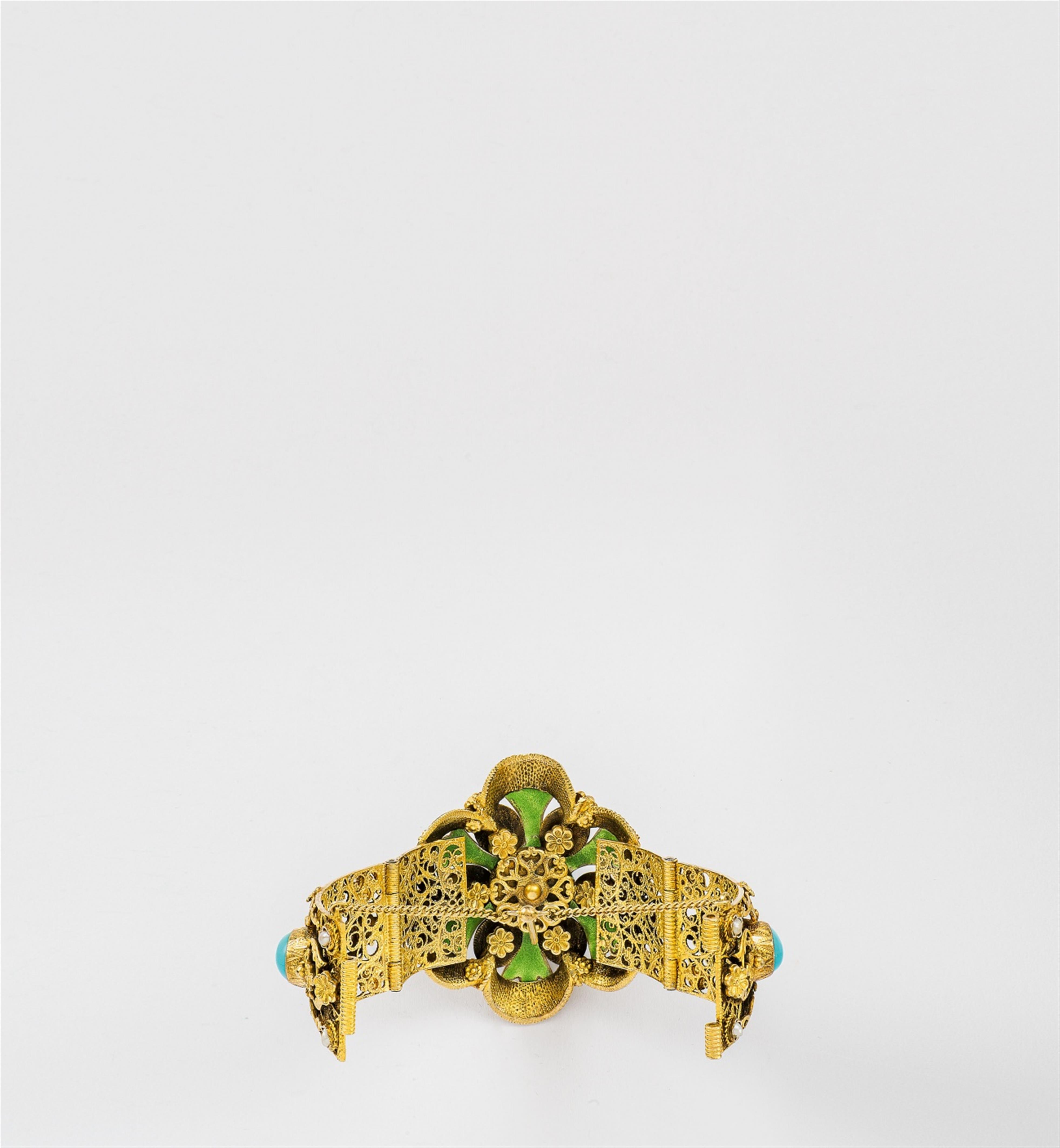 A Historicist silver gilt enamel and turquoise bangle - image-2