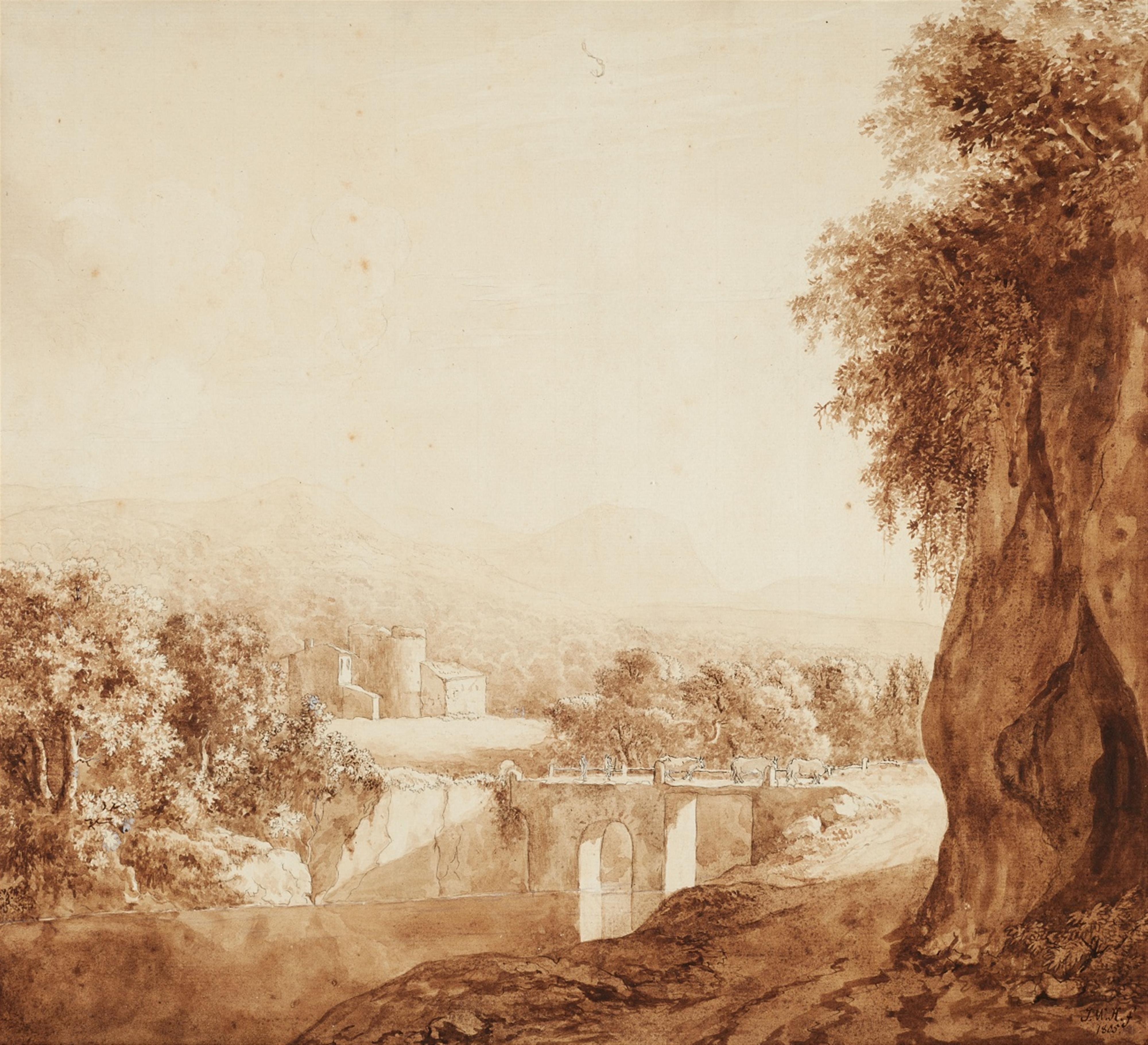 Deutscher Künstler Anfang 19. Jahrhundert - Südliche Landschaft mit Brücke und Gehöft - image-1