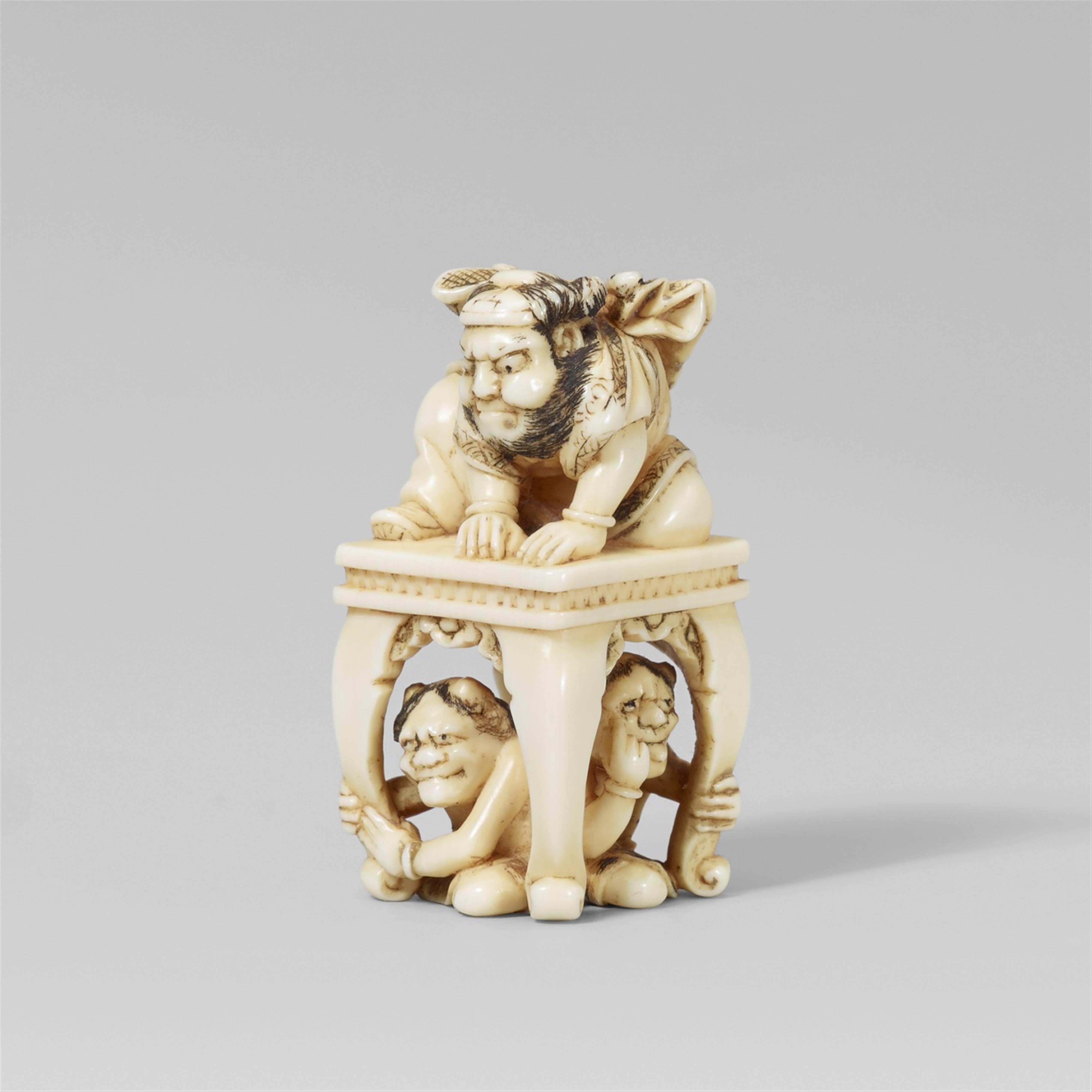 An ivory netsuke of Shoki with two oni. Mid-19th century - image-1