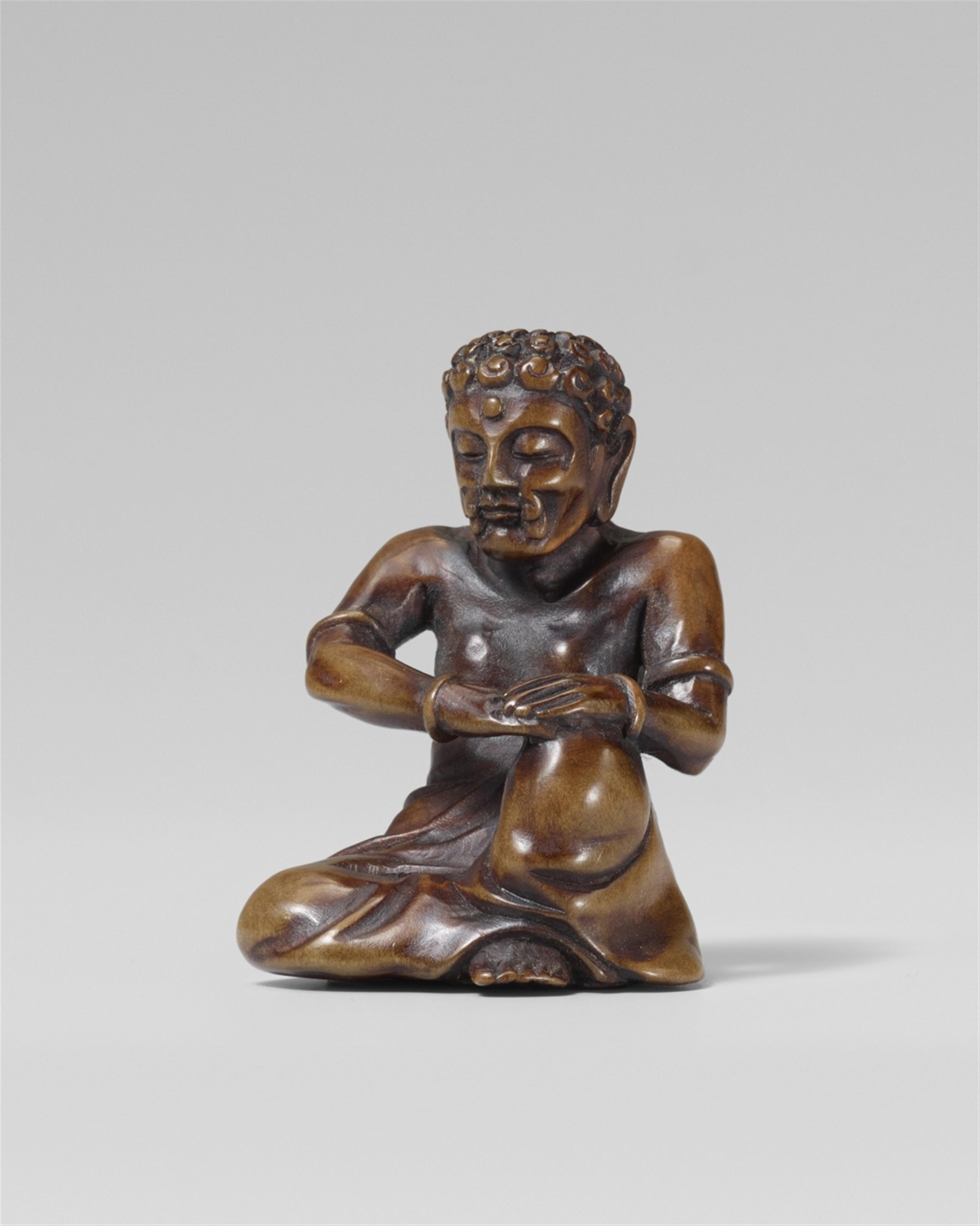 An unusual wood netsuke of Kugyô Shaka. Late 19th century - image-1