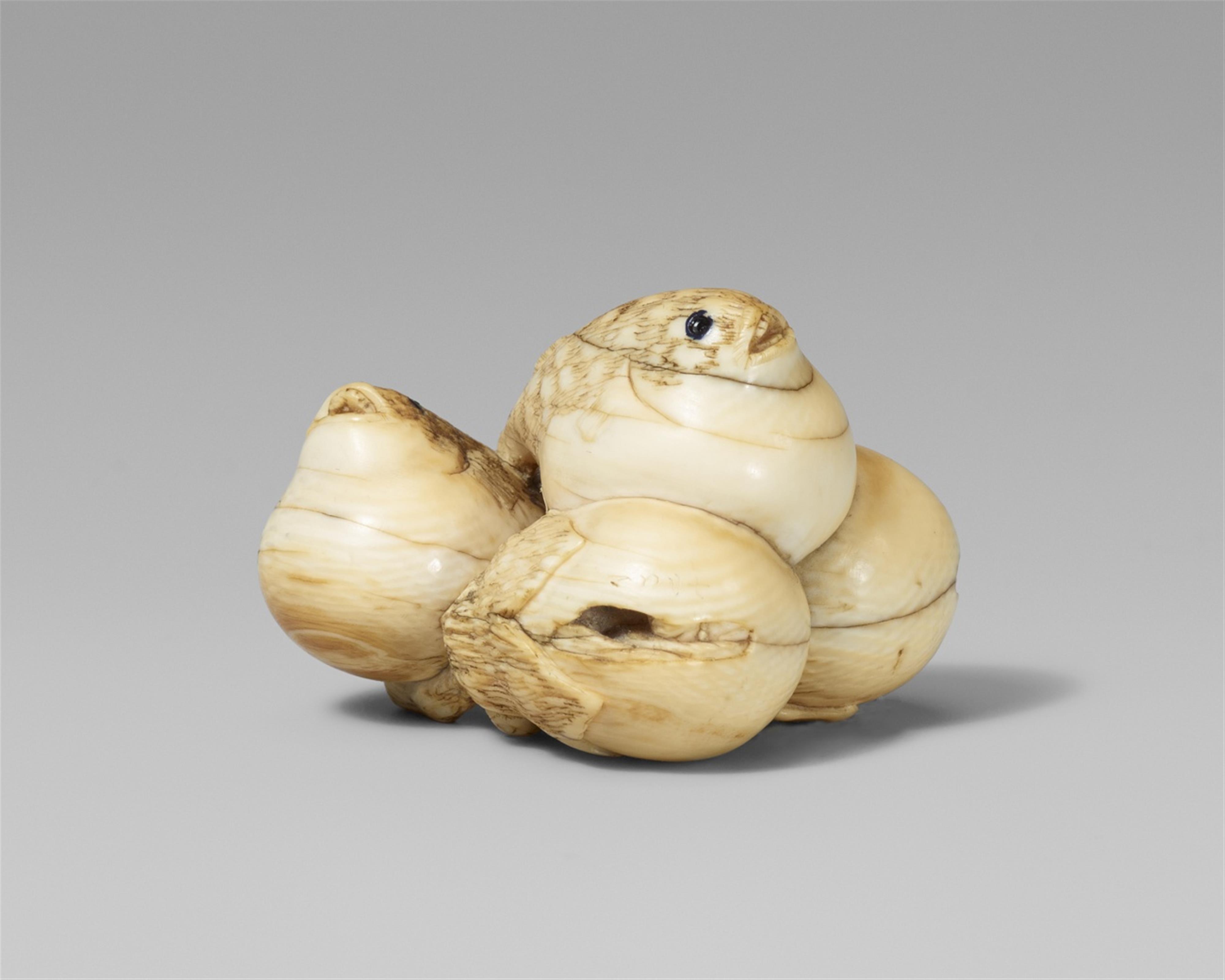 A rare and interesting ivory netsuke of two blowfish and two eggplants. Mid-19th century - image-1