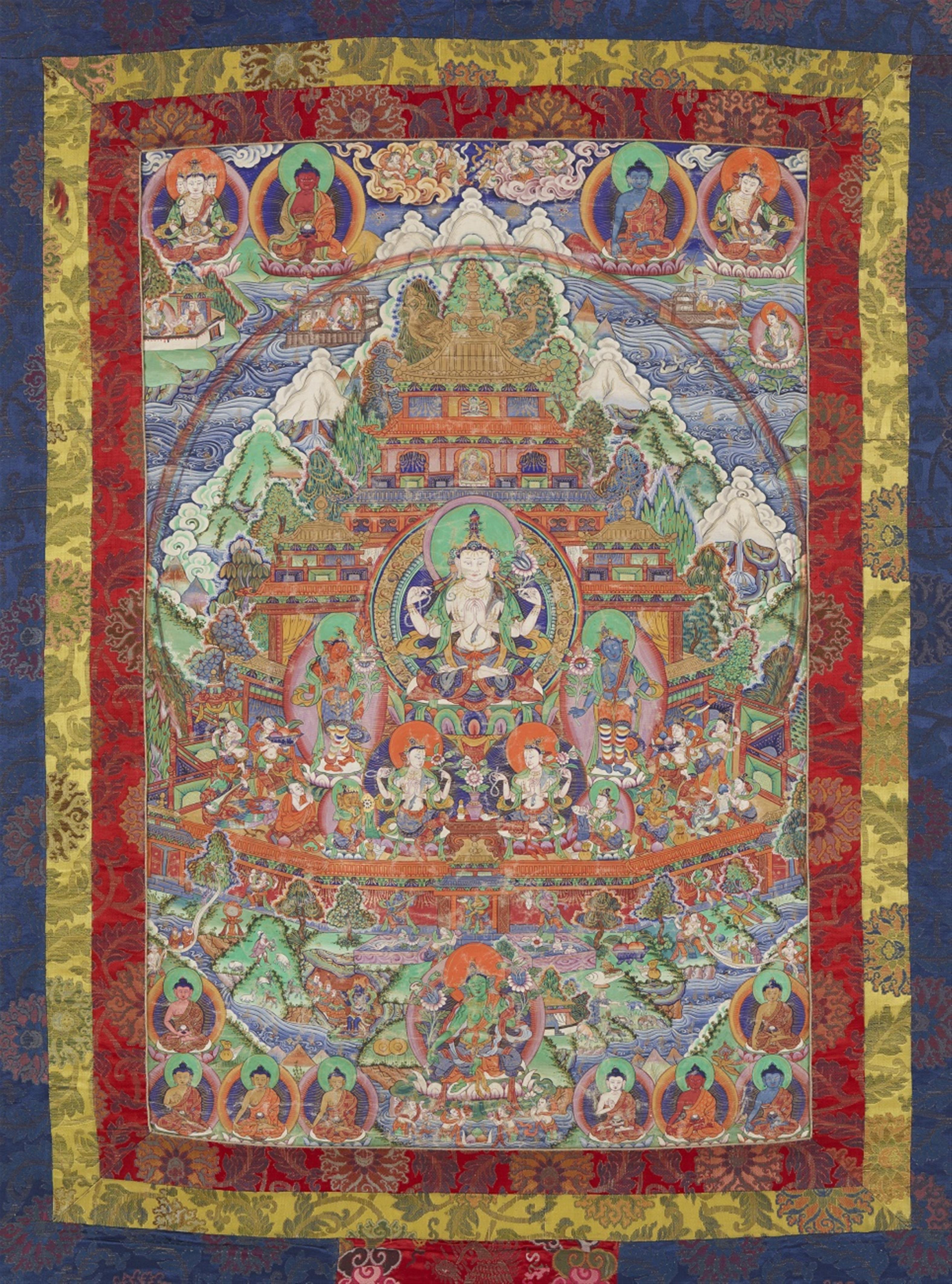 An East Tibetan or Mongolian thangka of Mount Potalaka, Avalokiteshvara´s paradise on earth. Around 1900 - image-1