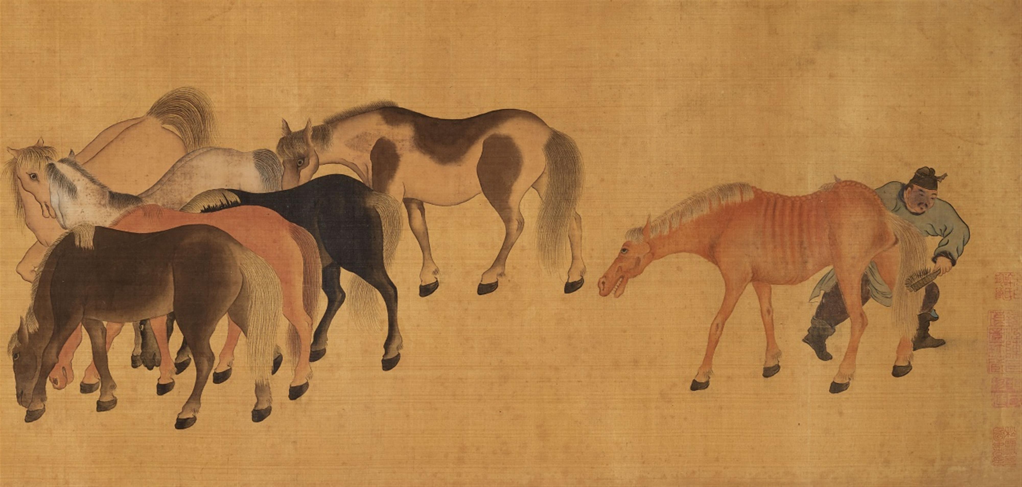 After Zhao Mengfu . 19th/20th century - One Hundred Horses. Horizontal scroll. Ink and colour on silk. Inscribed Zi'ang and sealed Zhao shi Zi Ang and Zhao Mengfu yin and other seals. Four colophons. - image-1