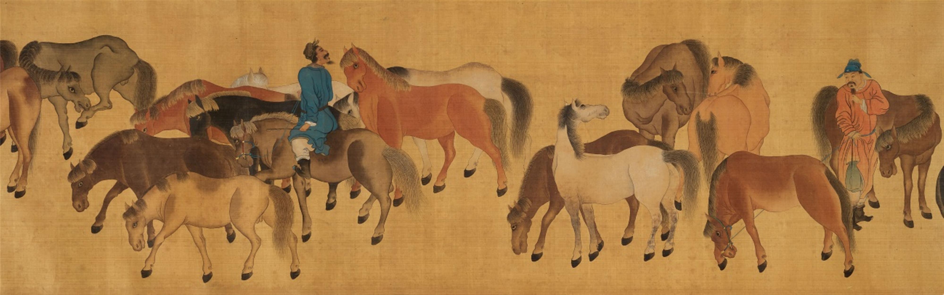 After Zhao Mengfu . 19th/20th century - One Hundred Horses. Horizontal scroll. Ink and colour on silk. Inscribed Zi'ang and sealed Zhao shi Zi Ang and Zhao Mengfu yin and other seals. Four colophons. - image-4