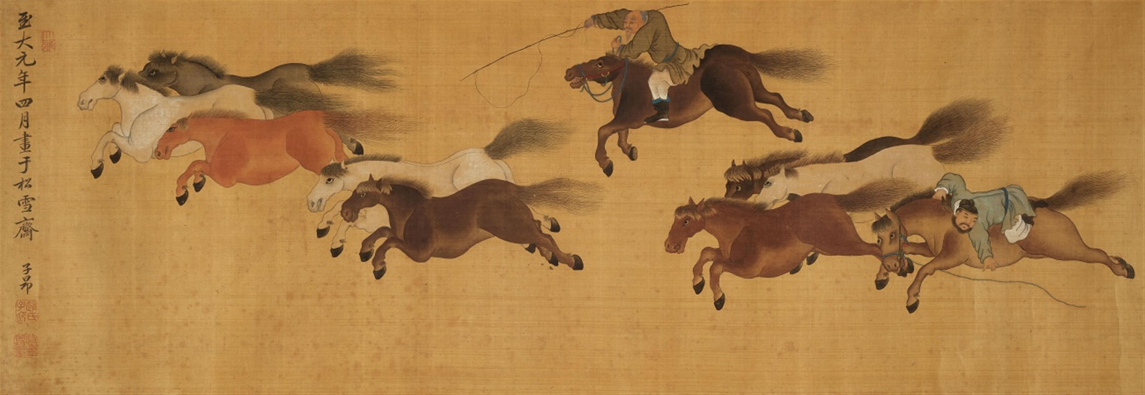 After Zhao Mengfu . 19th/20th century - One Hundred Horses. Horizontal scroll. Ink and colour on silk. Inscribed Zi'ang and sealed Zhao shi Zi Ang and Zhao Mengfu yin and other seals. Four colophons. - image-5