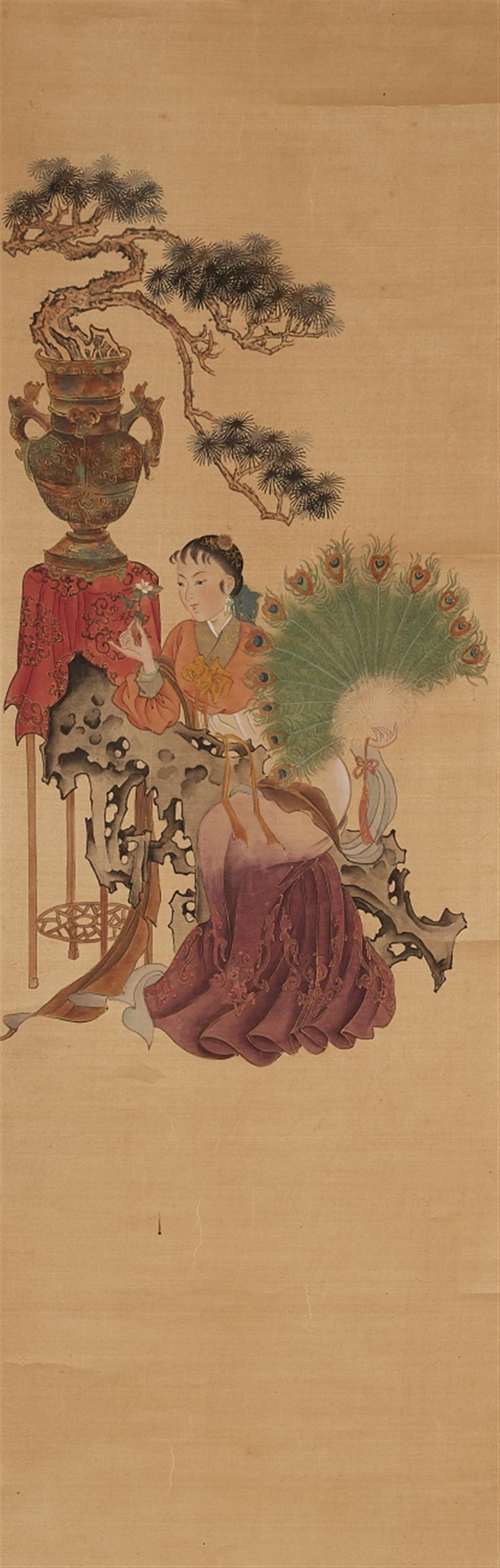 Anonymous painter . 20th century - A lady with a peacock feather fan. Hanging scroll. Ink and colour on silk. - image-1