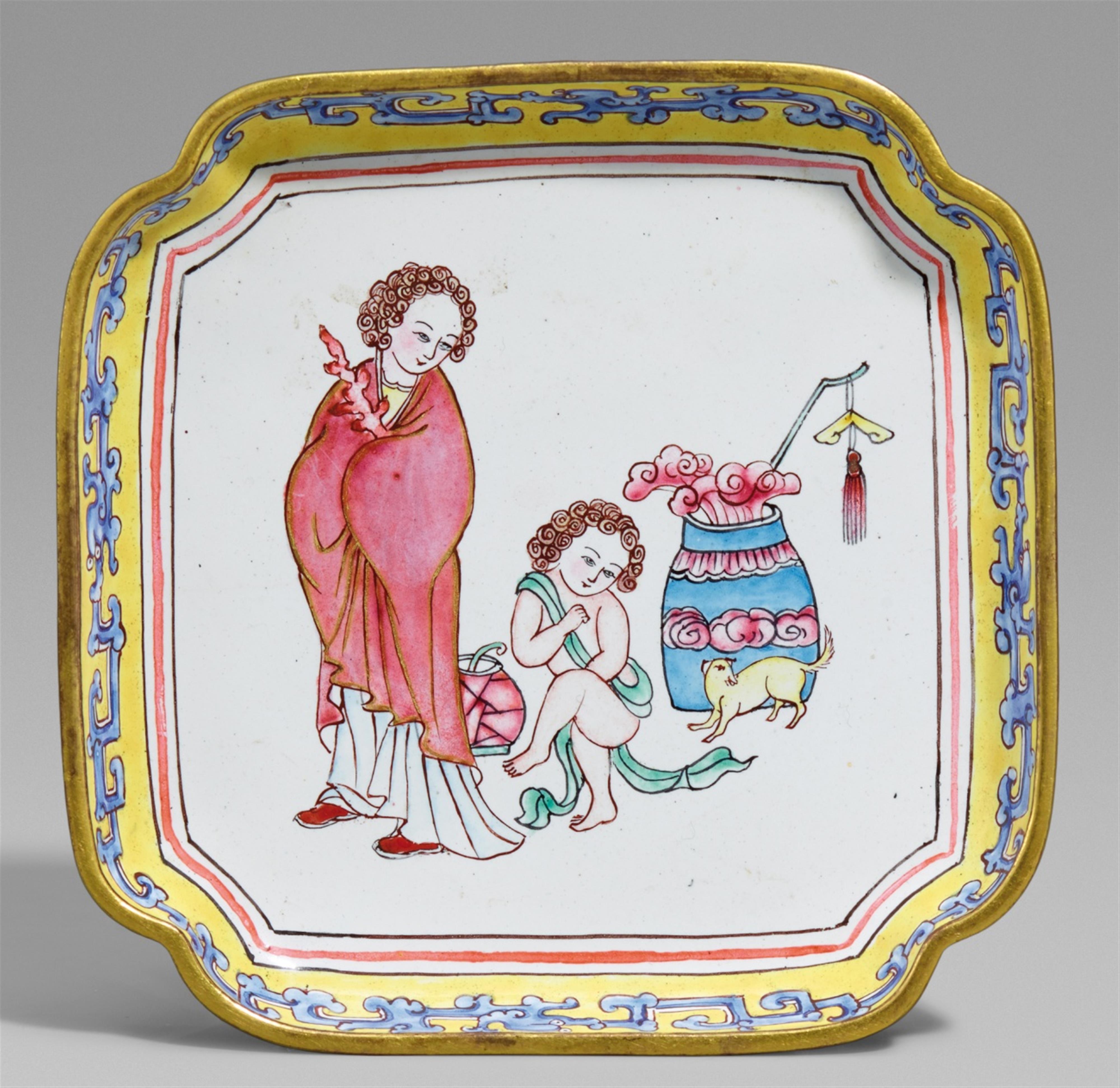 A small square painted enamel on copper dish. 18th century or later - image-1