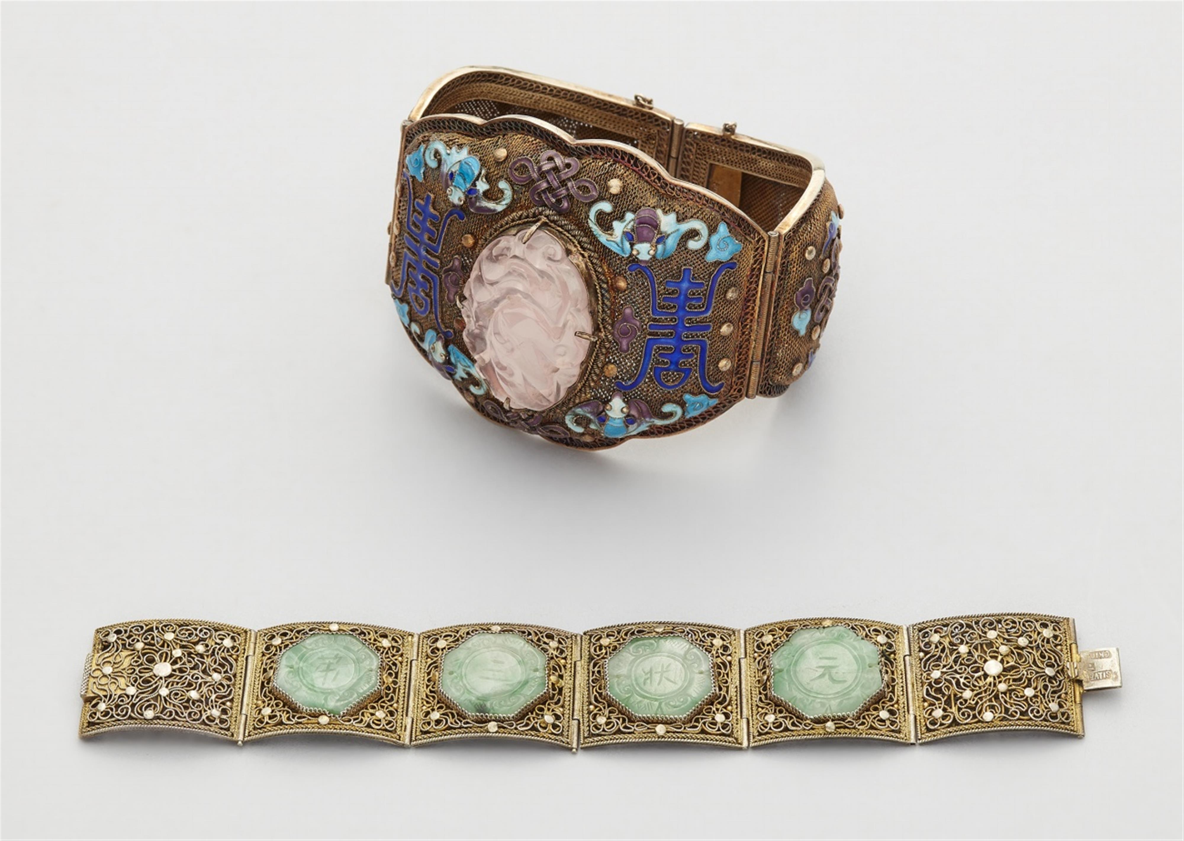 Two armbands. Silver, jade, rose quartz. Early 20th century - image-1