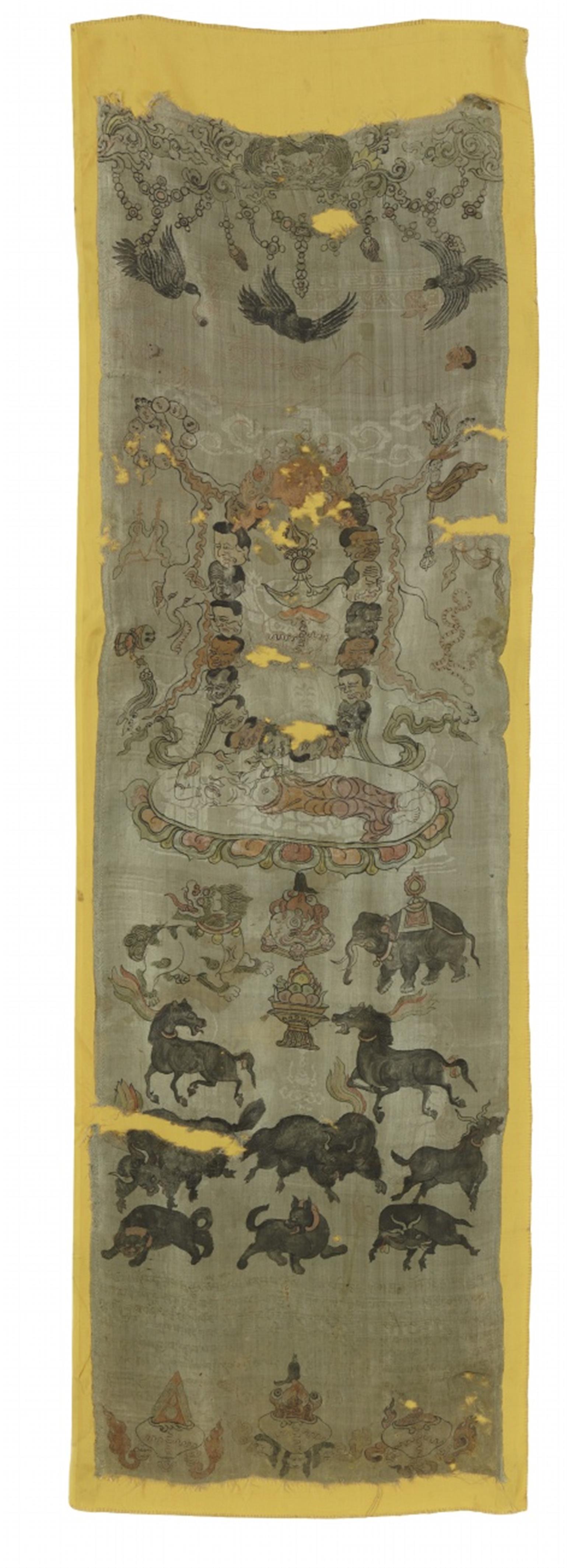 Two Tibetan silk temple hangings with offerings to Shadbhuja Mahakala. Early 20th century - image-1