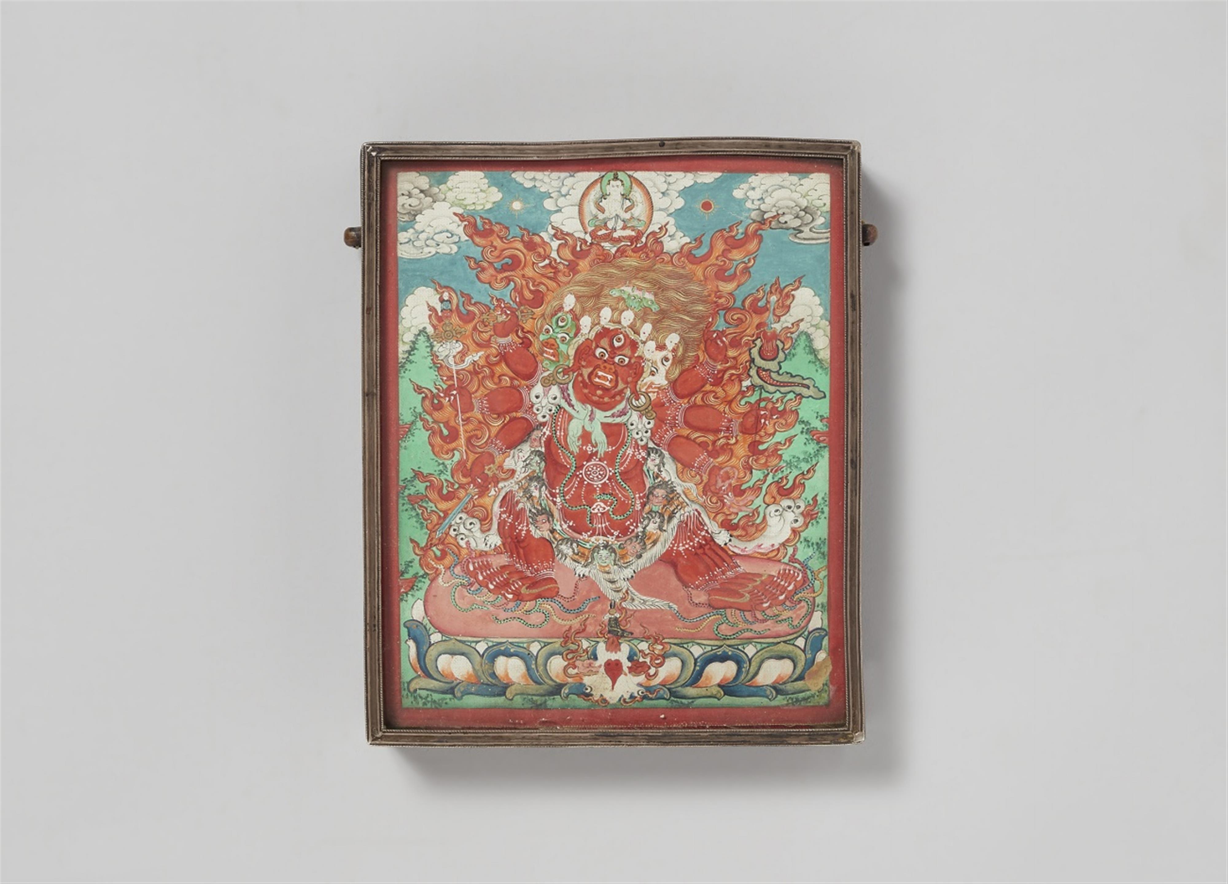 A Tibetan rectangular metal ga´u with a tsagli of Hayagriva. 19th/early 20th century - image-1