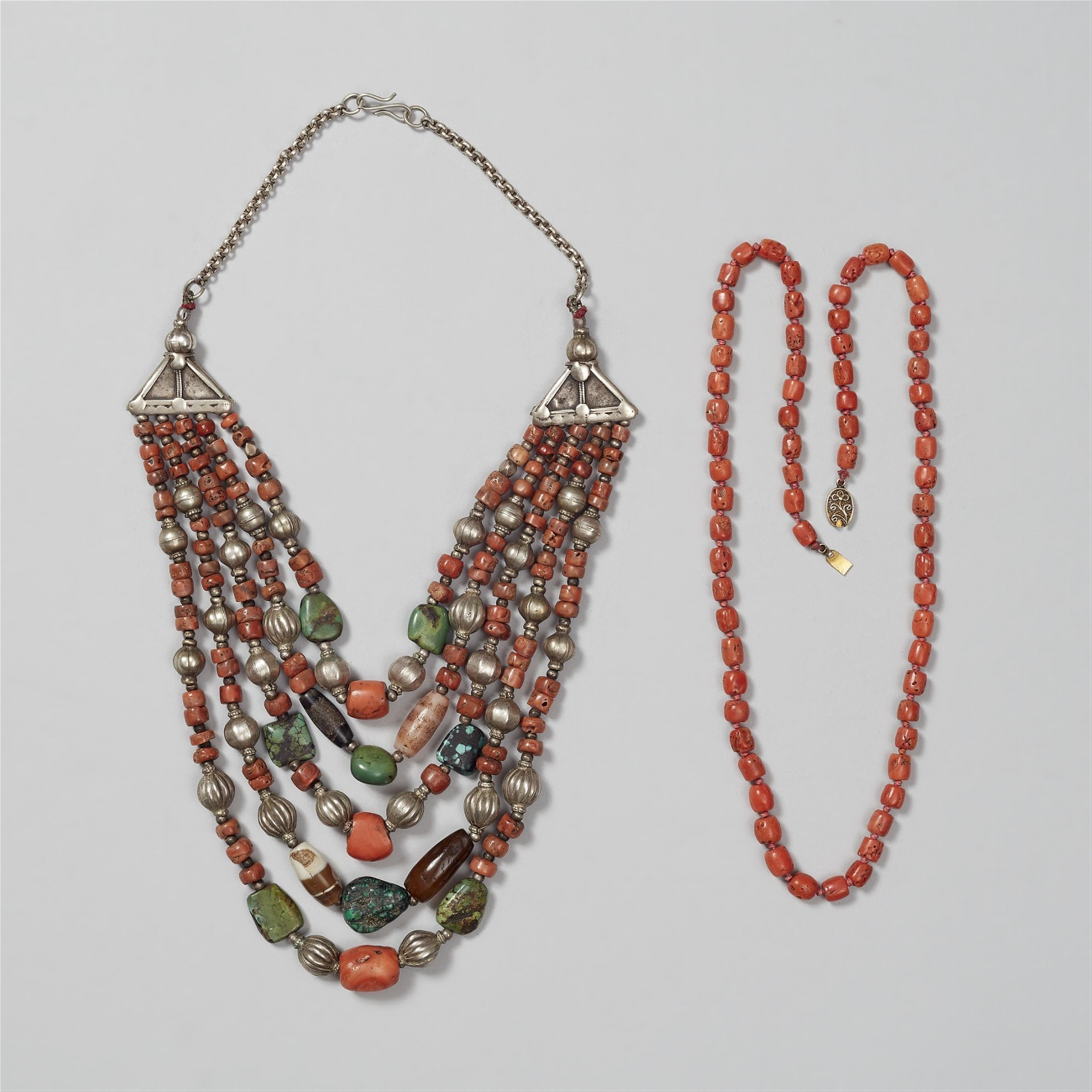 Two Nepalese silver and hard stone necklaces - image-1